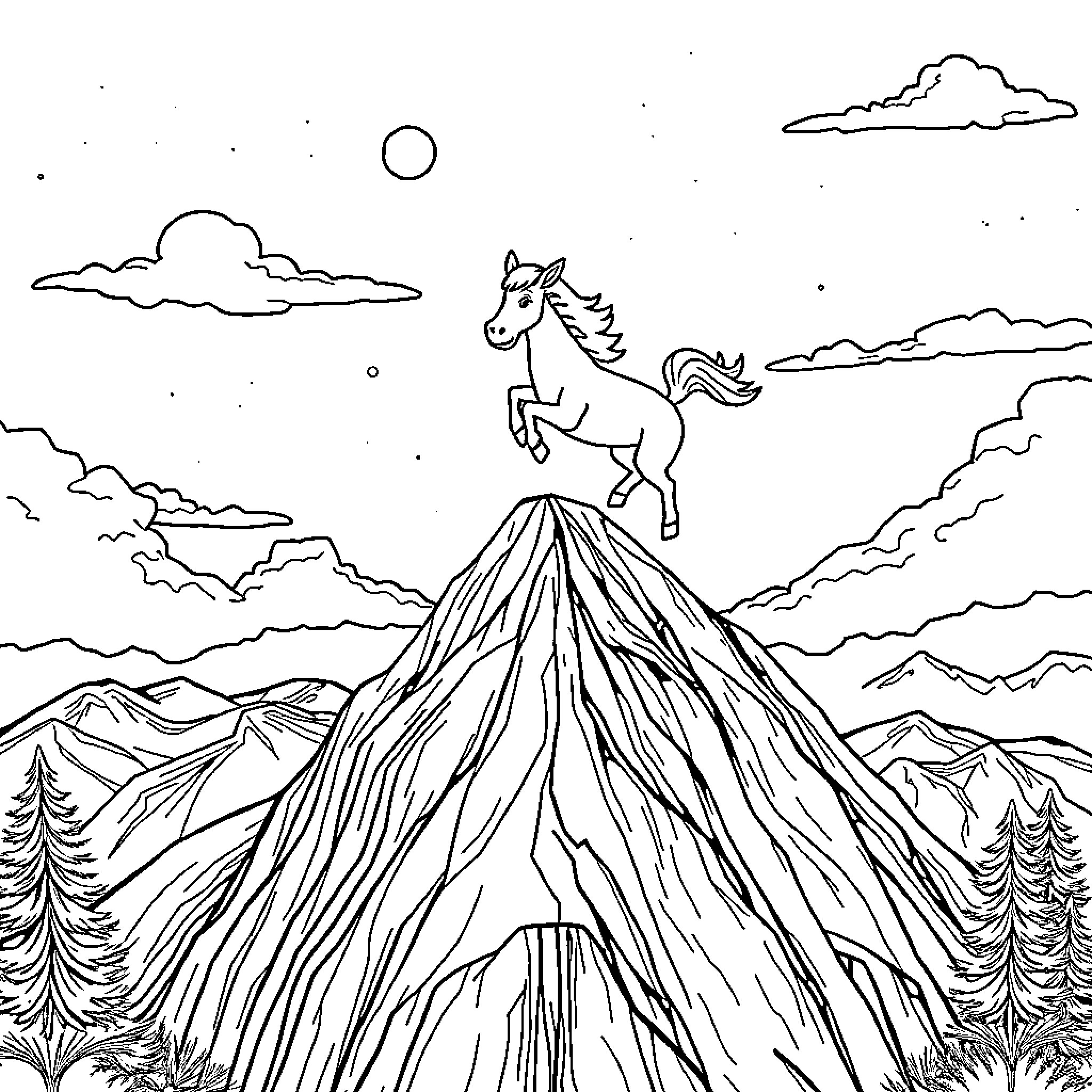Unicorn standing atop a majestic mountain Coloring Page (free black-and-white line drawing printable PDF for all, from beginners to advanced learners, including children, teens, adults, and seniors)