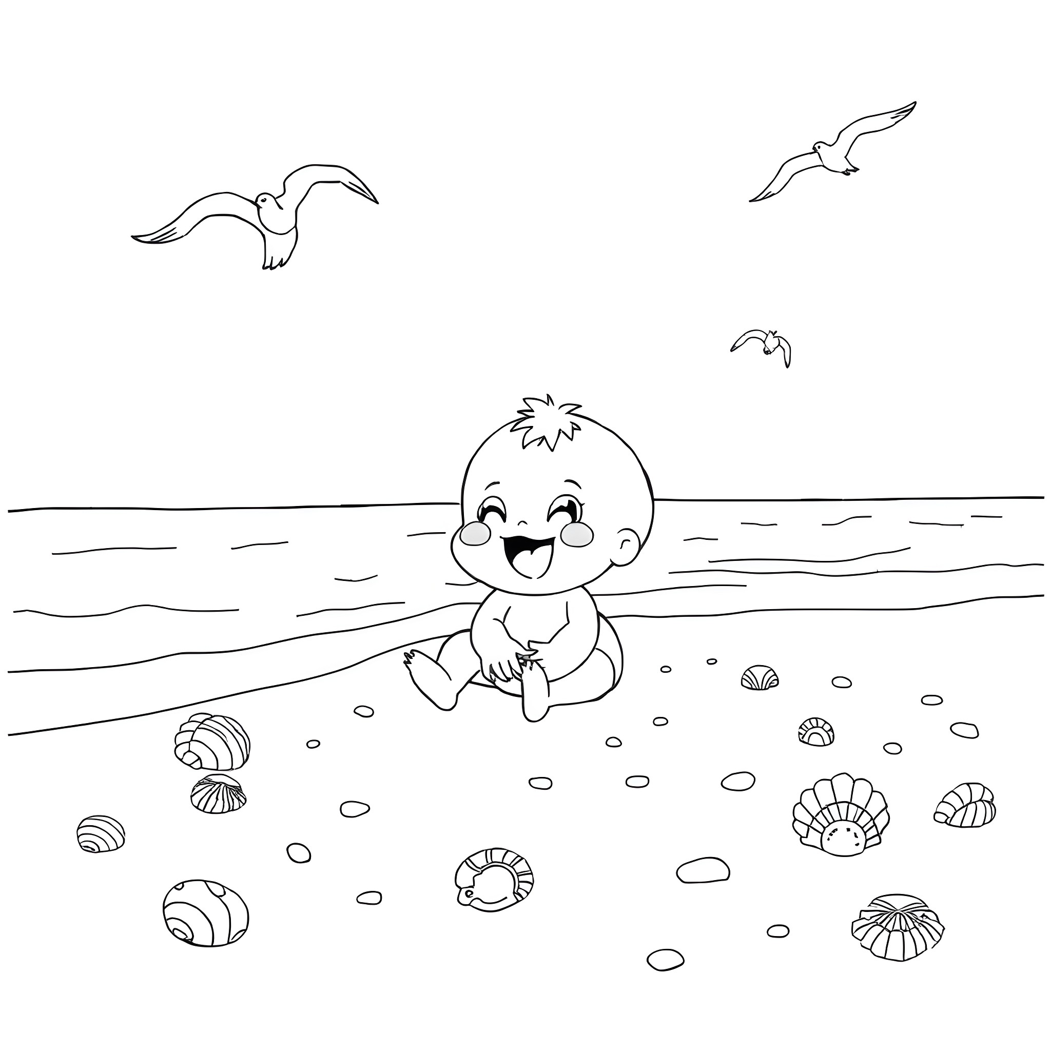 Dudu Bubu playing happily on the beach Coloring Page (free black-and-white line drawing printable PDF for all, from beginners to advanced learners, including children, teens, adults, and seniors)