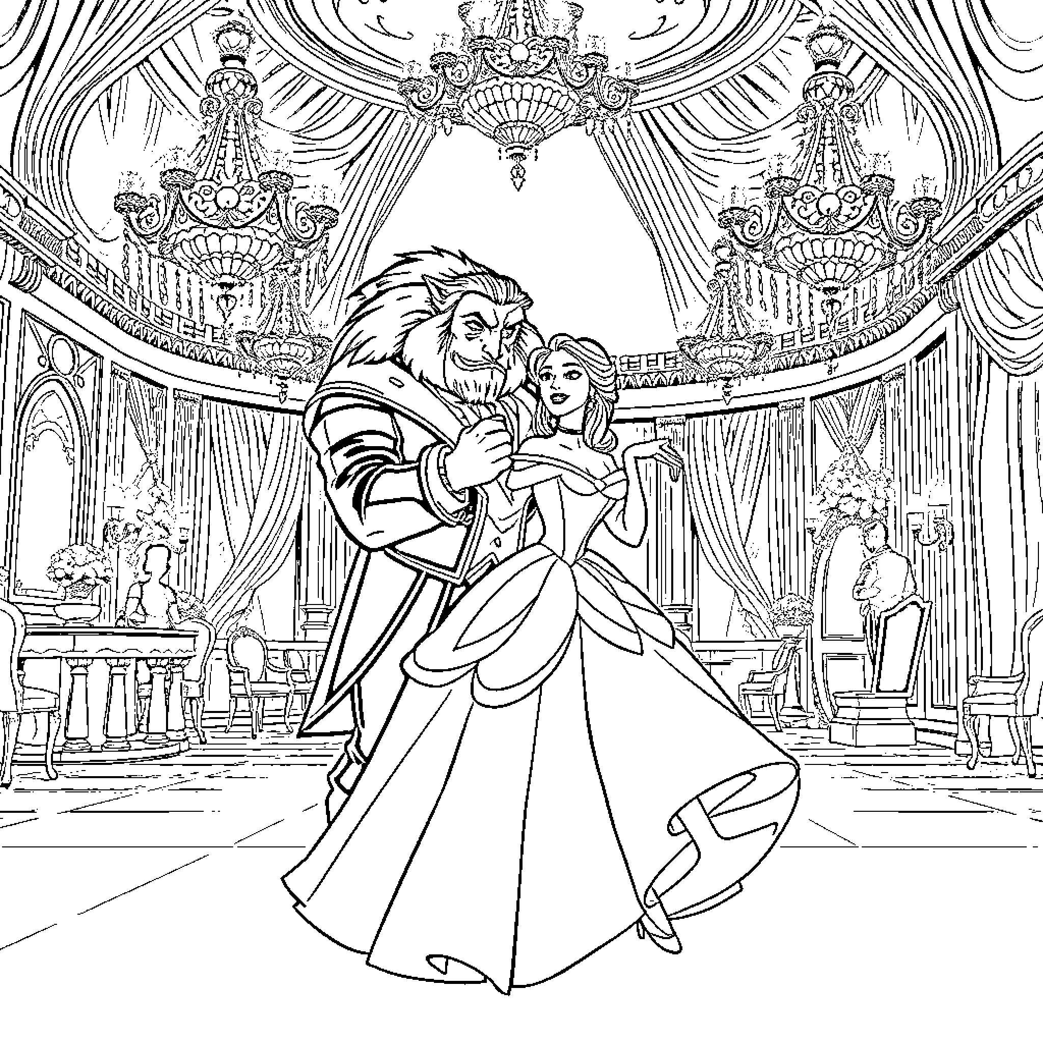 Beauty And The Beast Dancing In A Lavish Ballroom Coloring Page (free black-and-white line drawing printable PDF for all, from beginners to advanced learners, including children, teens, adults, and seniors)