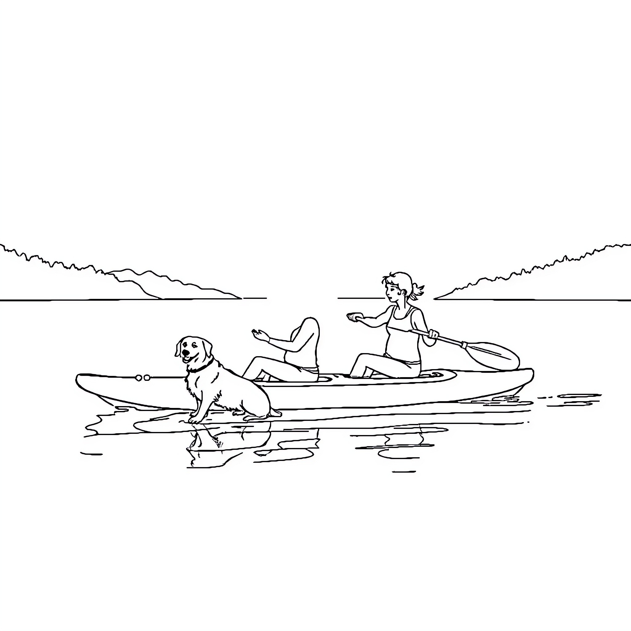 Person enjoying boat ride with dog on lake Coloring Page (free black-and-white line drawing printable PDF for all, from beginners to advanced learners, including children, teens, adults, and seniors)