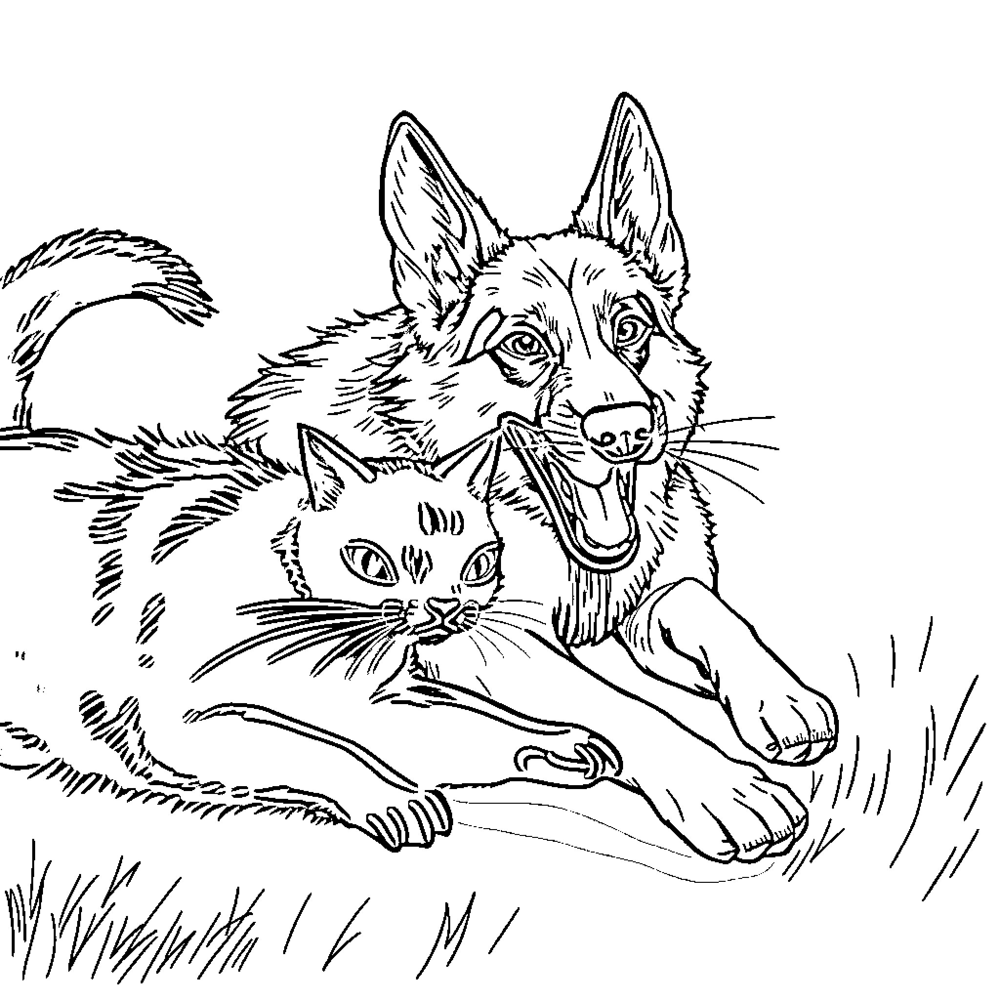German Shepherd and Cat Playing Together Coloring Page (free black-and-white line drawing printable PDF for all, from beginners to advanced learners, including children, teens, adults, and seniors)