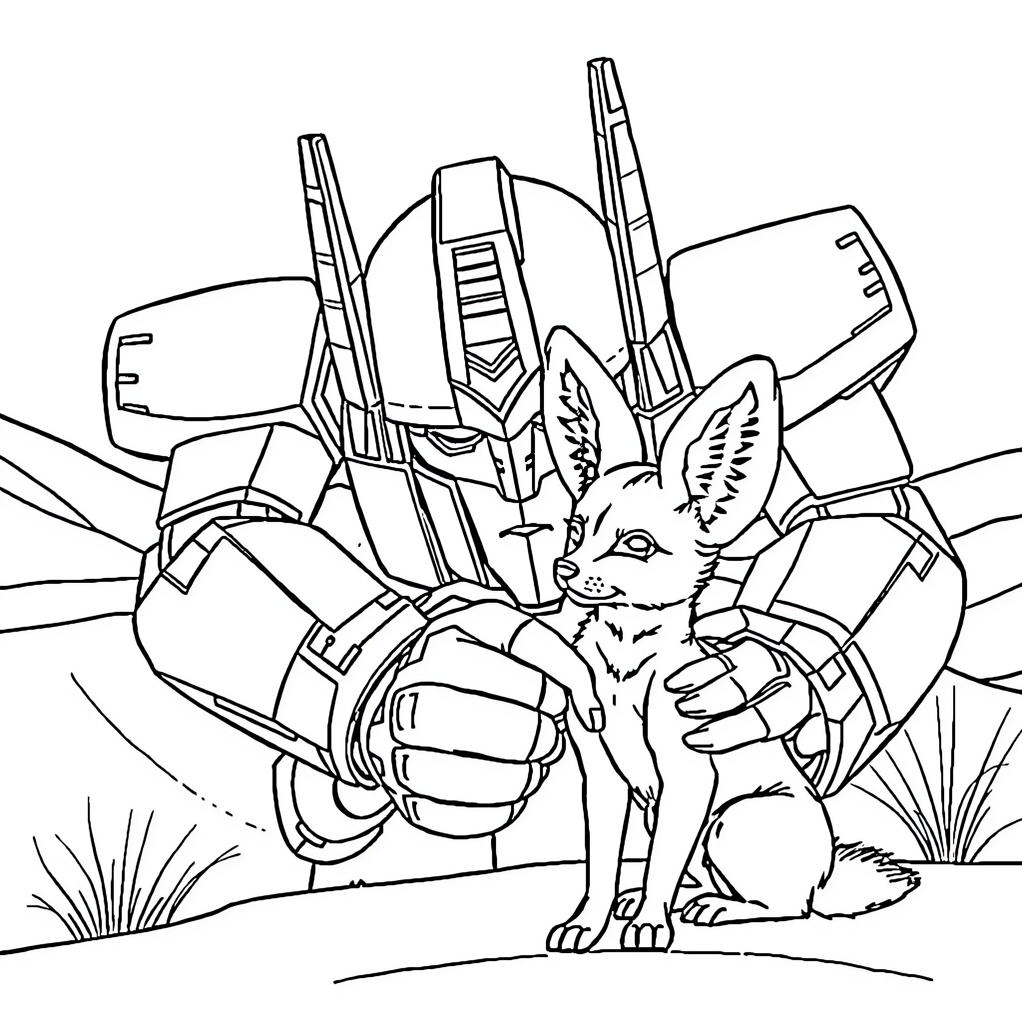 Optimus Prime rescues a brave fennec fox Coloring Page (free black-and-white line drawing printable PDF for all, from beginners to advanced learners, including children, teens, adults, and seniors)
