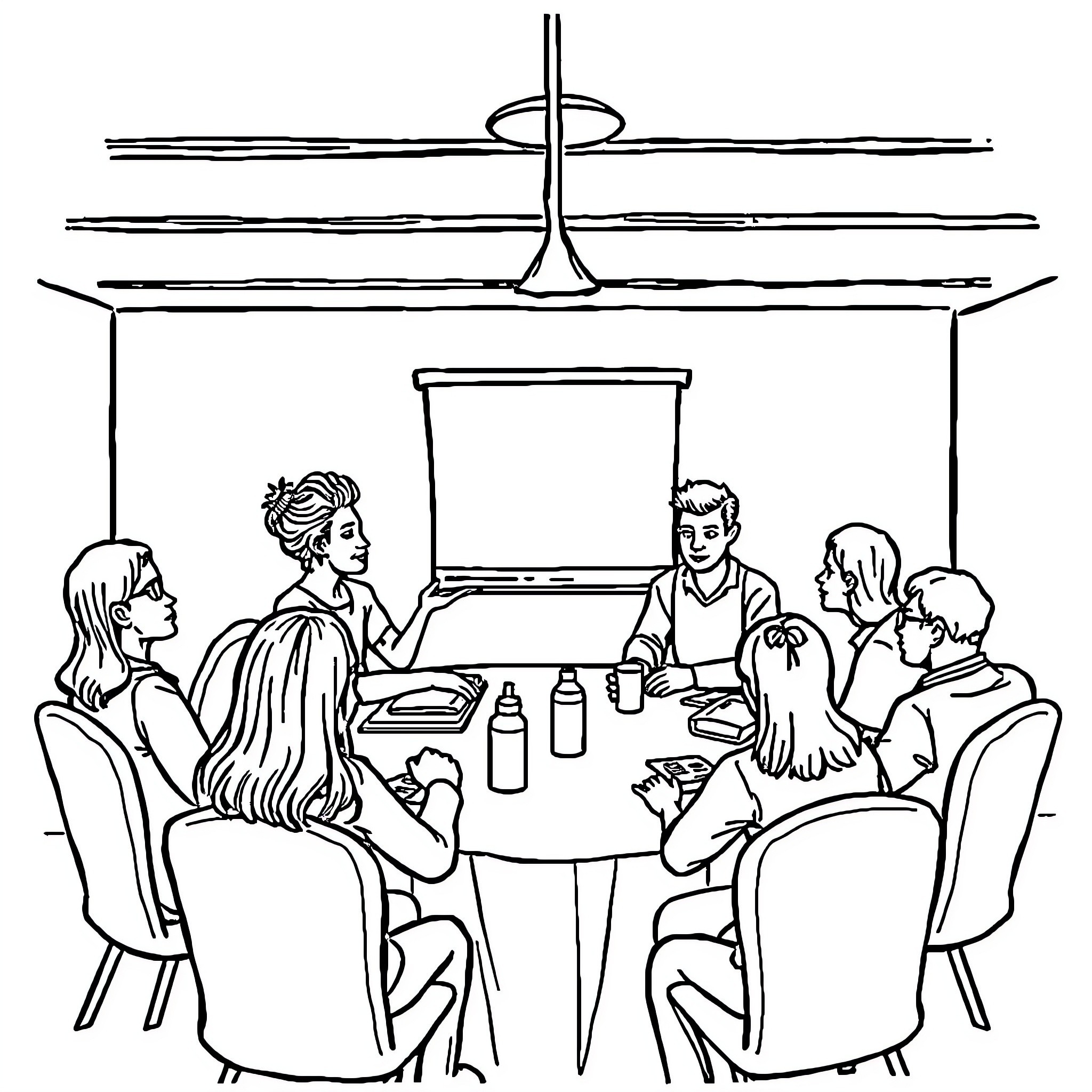 Drug Recovery Group Meeting Coloring Page (free black-and-white line drawing printable PDF for all, from beginners to advanced learners, including children, teens, adults, and seniors)