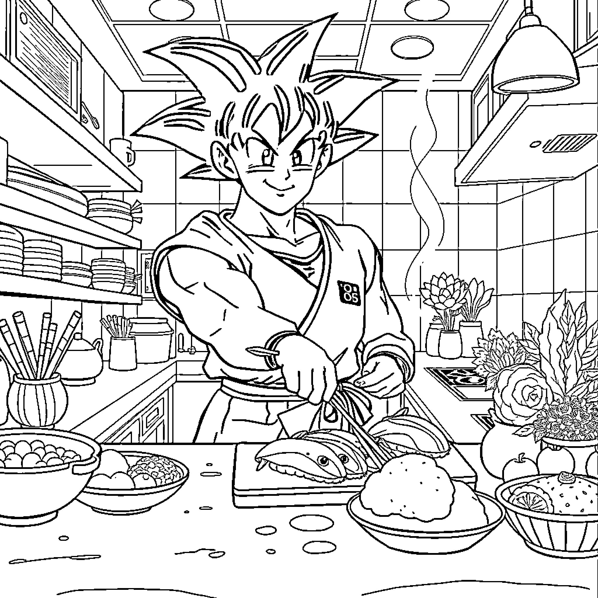 Son Goku's Culinary Adventure in the Kitchen Coloring Page (free black-and-white line drawing printable PDF for all, from beginners to advanced learners, including children, teens, adults, and seniors)