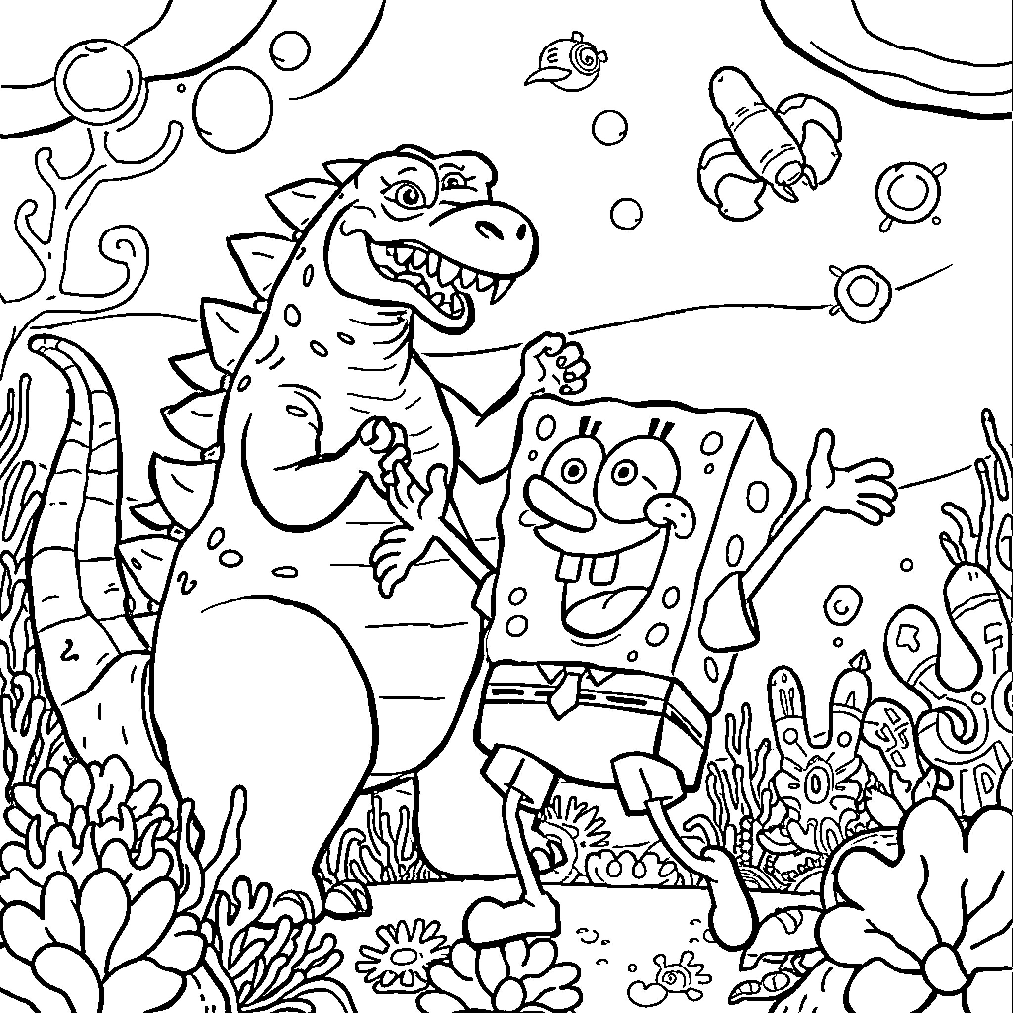 Spongebob and sea monster exploring underwater world Coloring Page (free black-and-white line drawing printable PDF for all, from beginners to advanced learners, including children, teens, adults, and seniors)