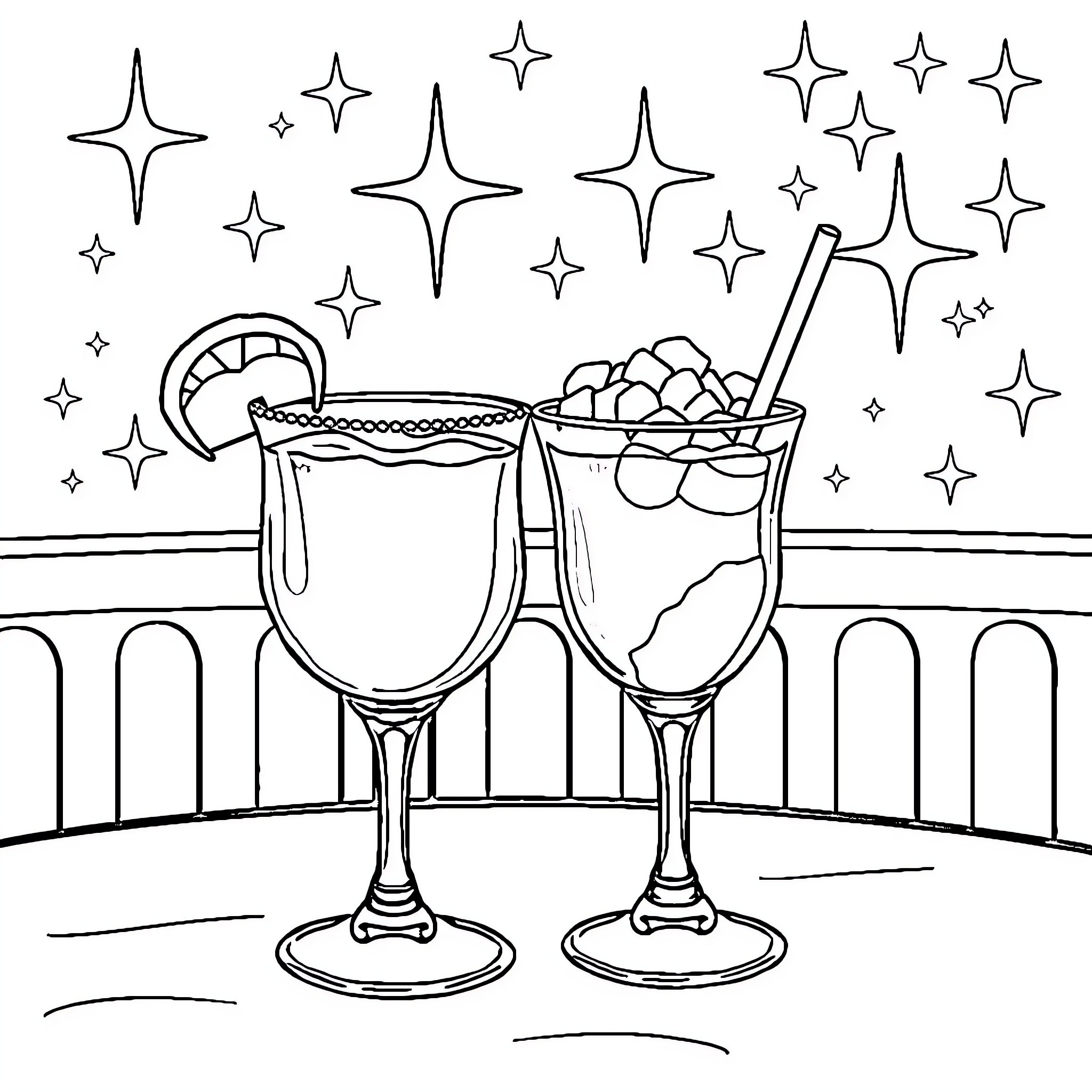 Cocktail Celebration under the Stars Coloring Page (free black-and-white line drawing printable PDF for all, from beginners to advanced learners, including children, teens, adults, and seniors)