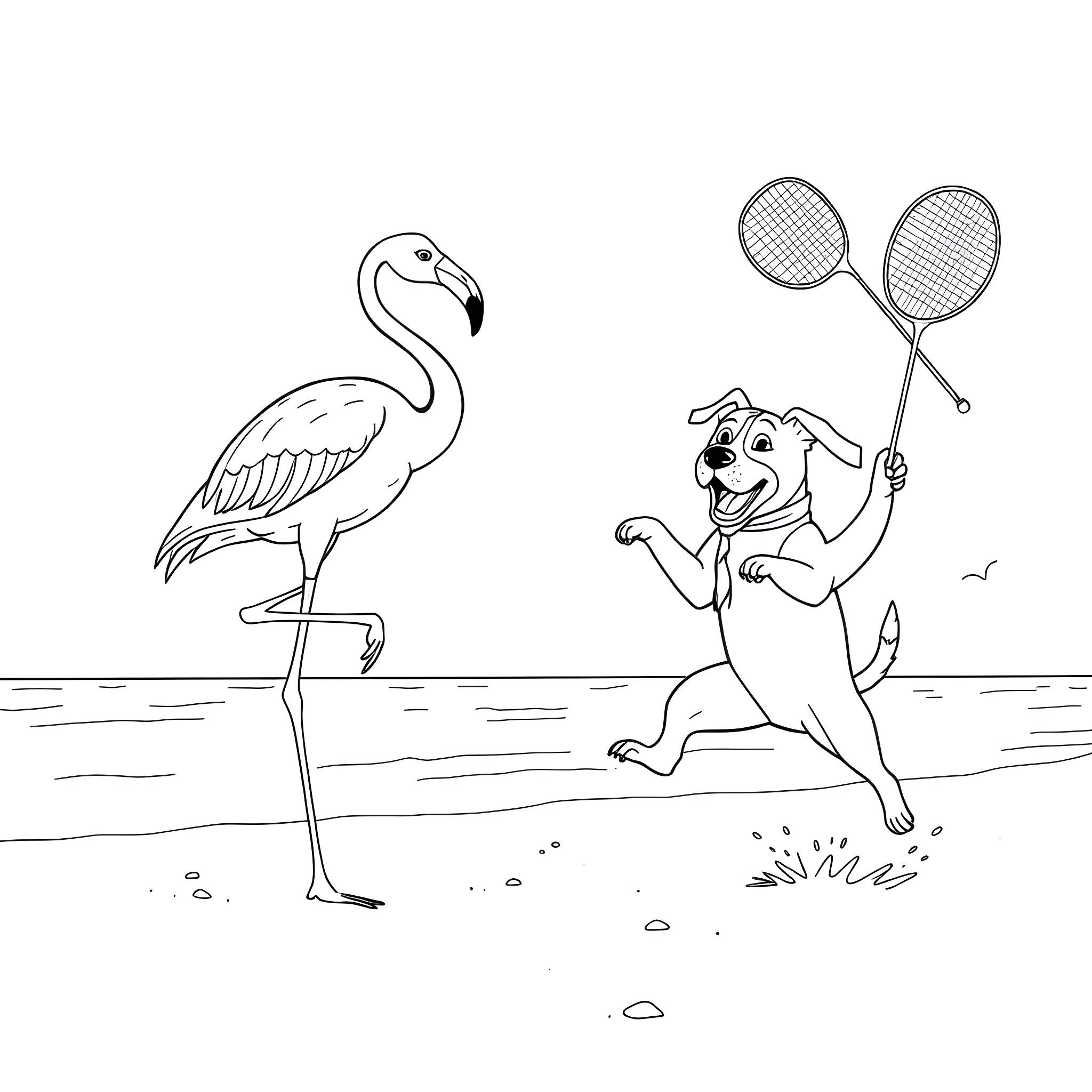 Flamingo gracefully strolling as dog happily plays with racket Coloring Page (free black-and-white line drawing printable PDF for all, from beginners to advanced learners, including children, teens, adults, and seniors)