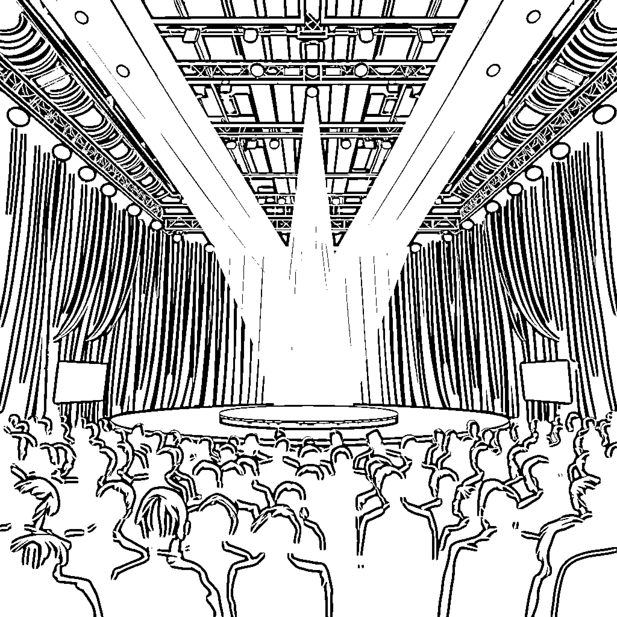 Show White Auditorium Performance with Audience Coloring Page (free black-and-white line drawing printable PDF for all, from beginners to advanced learners, including children, teens, adults, and seniors)