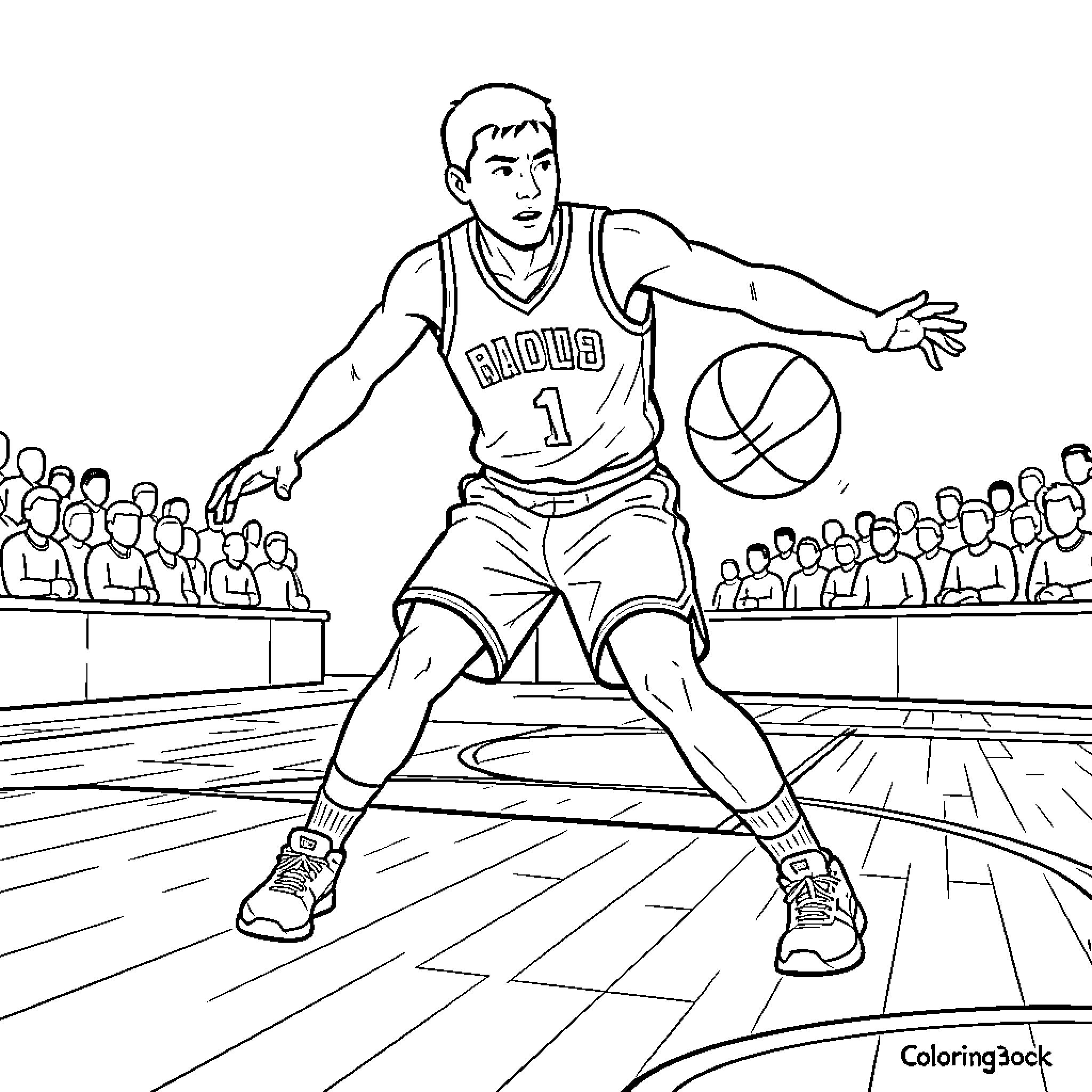 Basketball player dribbling a ball during a game Coloring Page (free black-and-white line drawing printable PDF for all, from beginners to advanced learners, including children, teens, adults, and seniors)