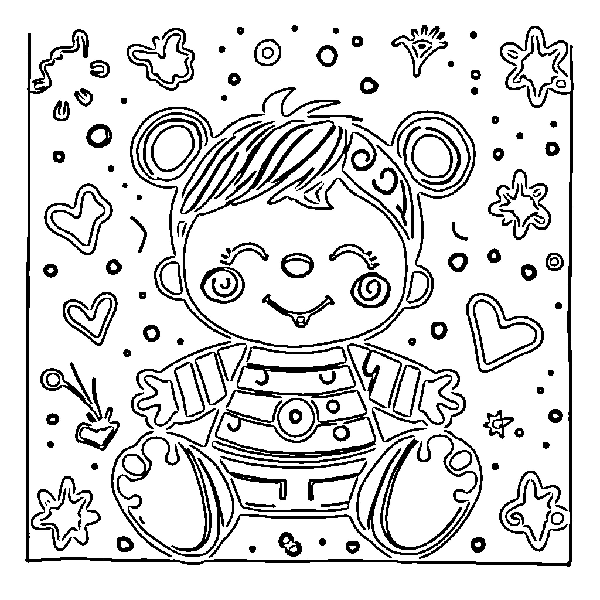 Baby smiling with playful accessories Coloring Page (free black-and-white line drawing printable PDF for all, from beginners to advanced learners, including children, teens, adults, and seniors)