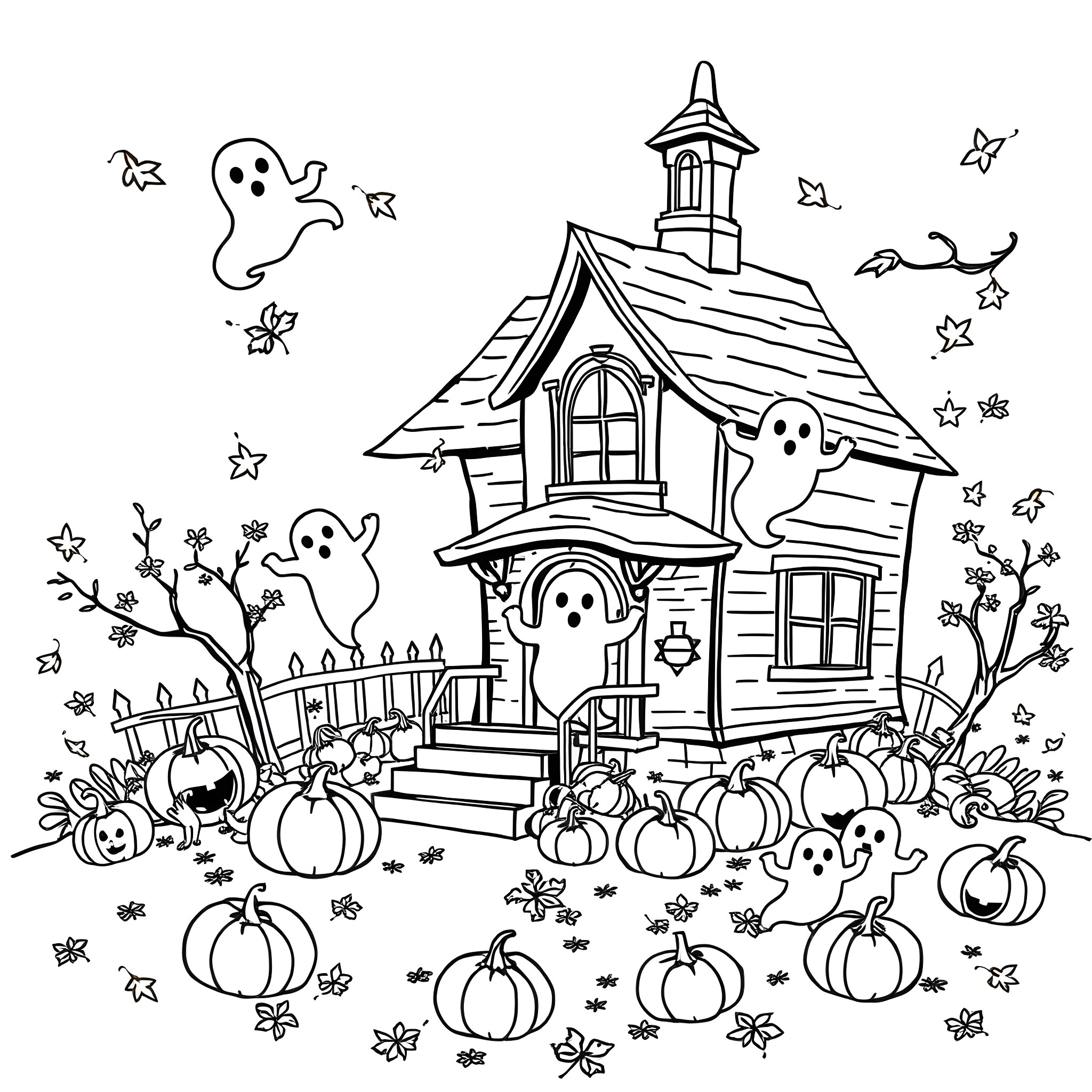 Cute Haunted House with Playful Ghosts Coloring Page (free black-and-white line drawing printable PDF for all, from beginners to advanced learners, including children, teens, adults, and seniors)