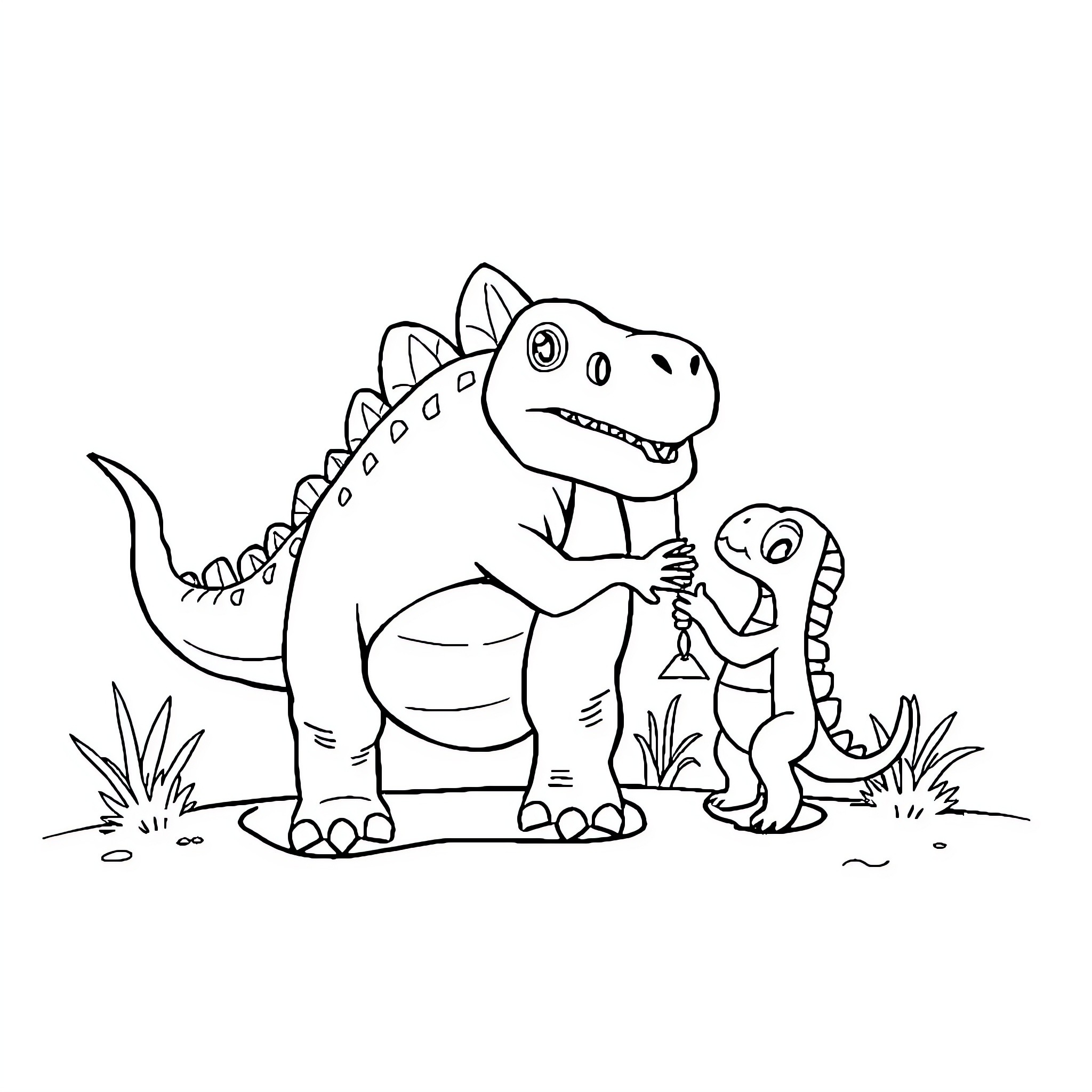 Dinosaur friends playing together in the wild Coloring Page (free black-and-white line drawing printable PDF for all, from beginners to advanced learners, including children, teens, adults, and seniors)