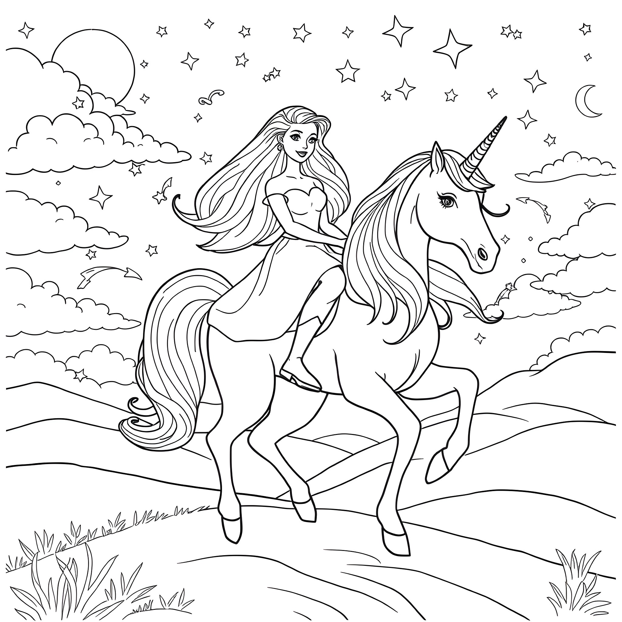Barbie riding a magical unicorn through a starry night sky Coloring Page (free black-and-white line drawing printable PDF for all, from beginners to advanced learners, including children, teens, adults, and seniors)