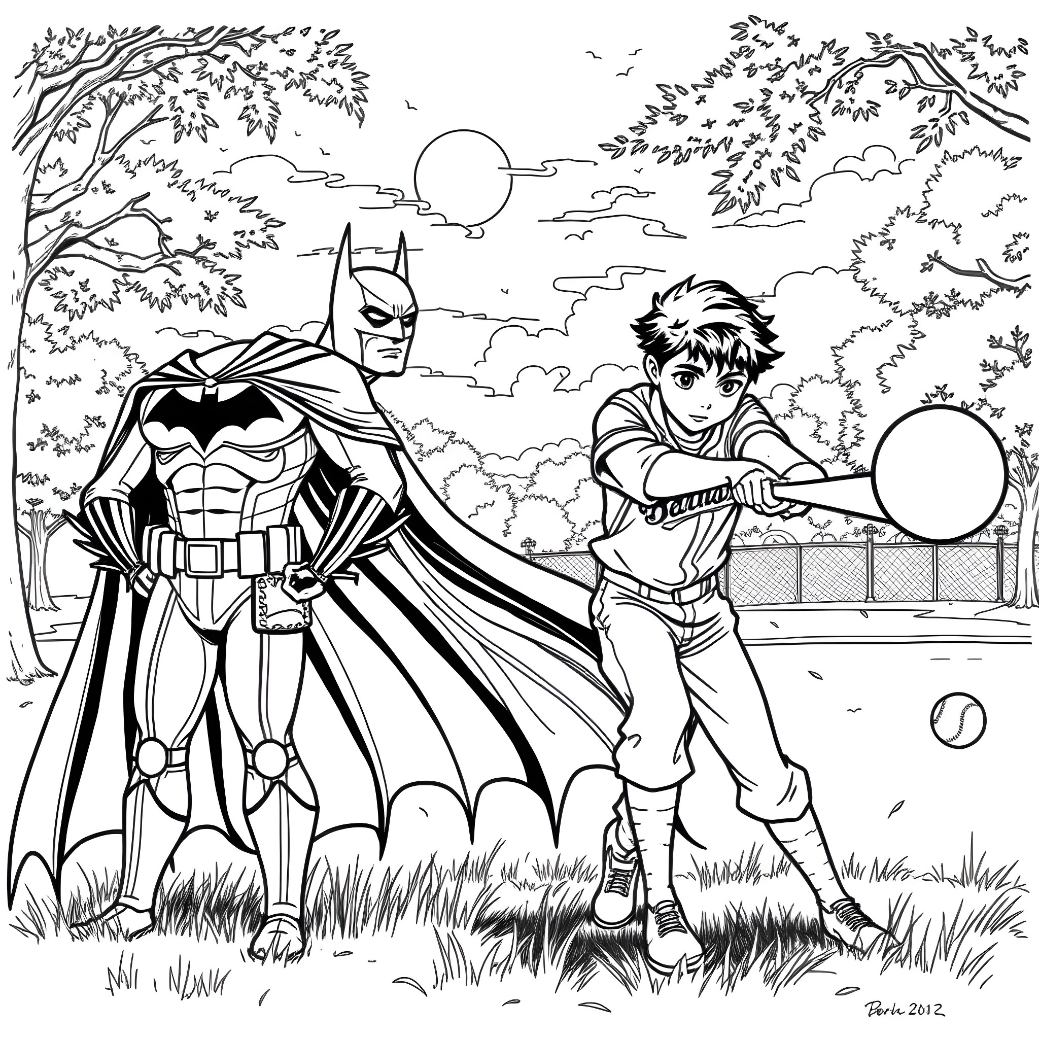 Edward Cullen and Batman playing baseball in the park Coloring Page (free black-and-white line drawing printable PDF for all, from beginners to advanced learners, including children, teens, adults, and seniors)
