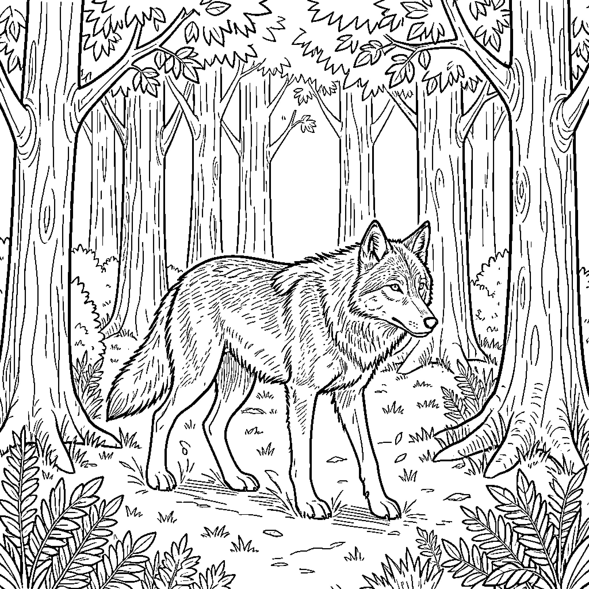 Wolf walking through a dense forest Coloring Page (free black-and-white line drawing printable PDF for all, from beginners to advanced learners, including children, teens, adults, and seniors)