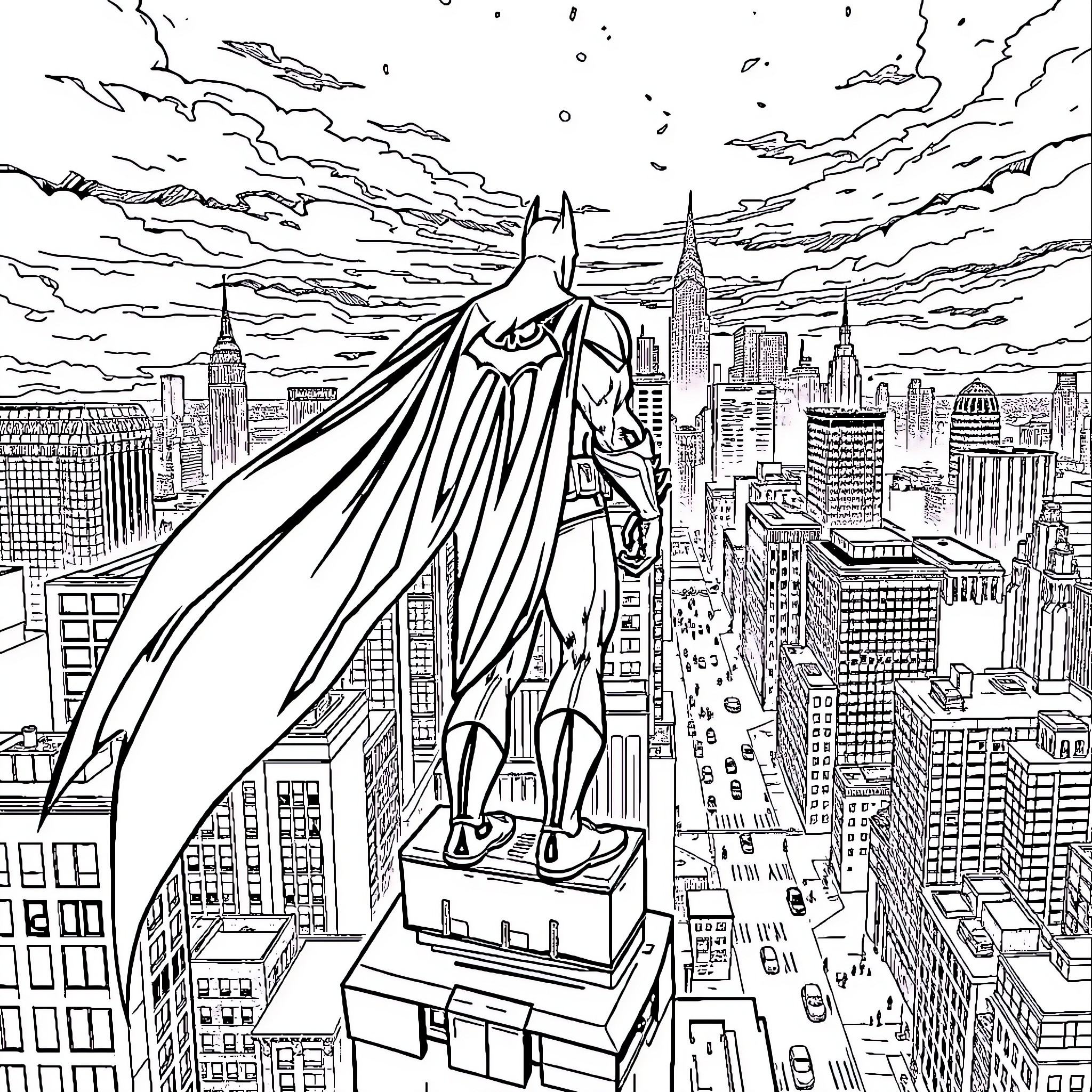 Batman Surveying Gotham City from Rooftop Coloring Page (free black-and-white line drawing printable PDF for all, from beginners to advanced learners, including children, teens, adults, and seniors)