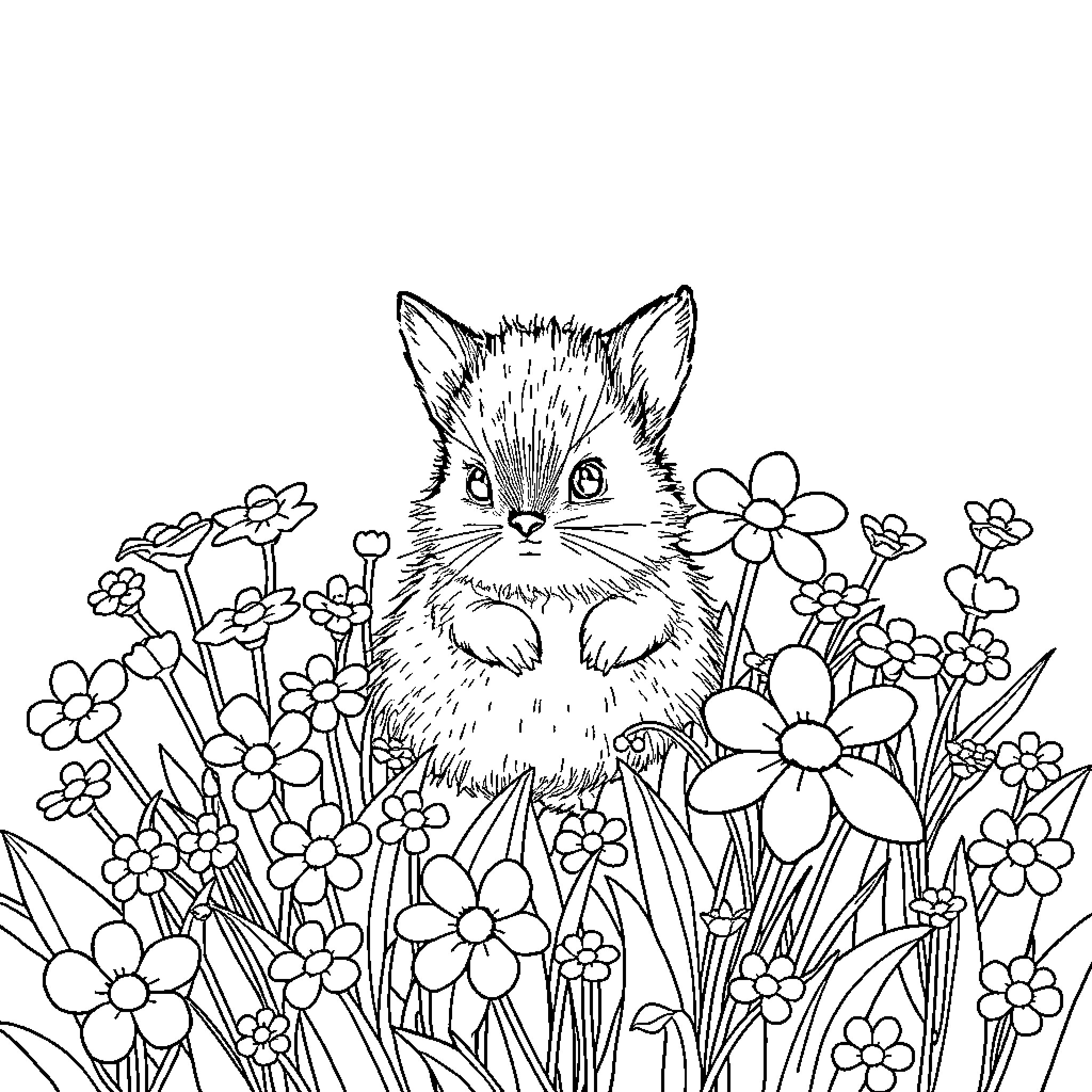 Bunny peeking through a field of flowers Coloring Page (free black-and-white line drawing printable PDF for all, from beginners to advanced learners, including children, teens, adults, and seniors)