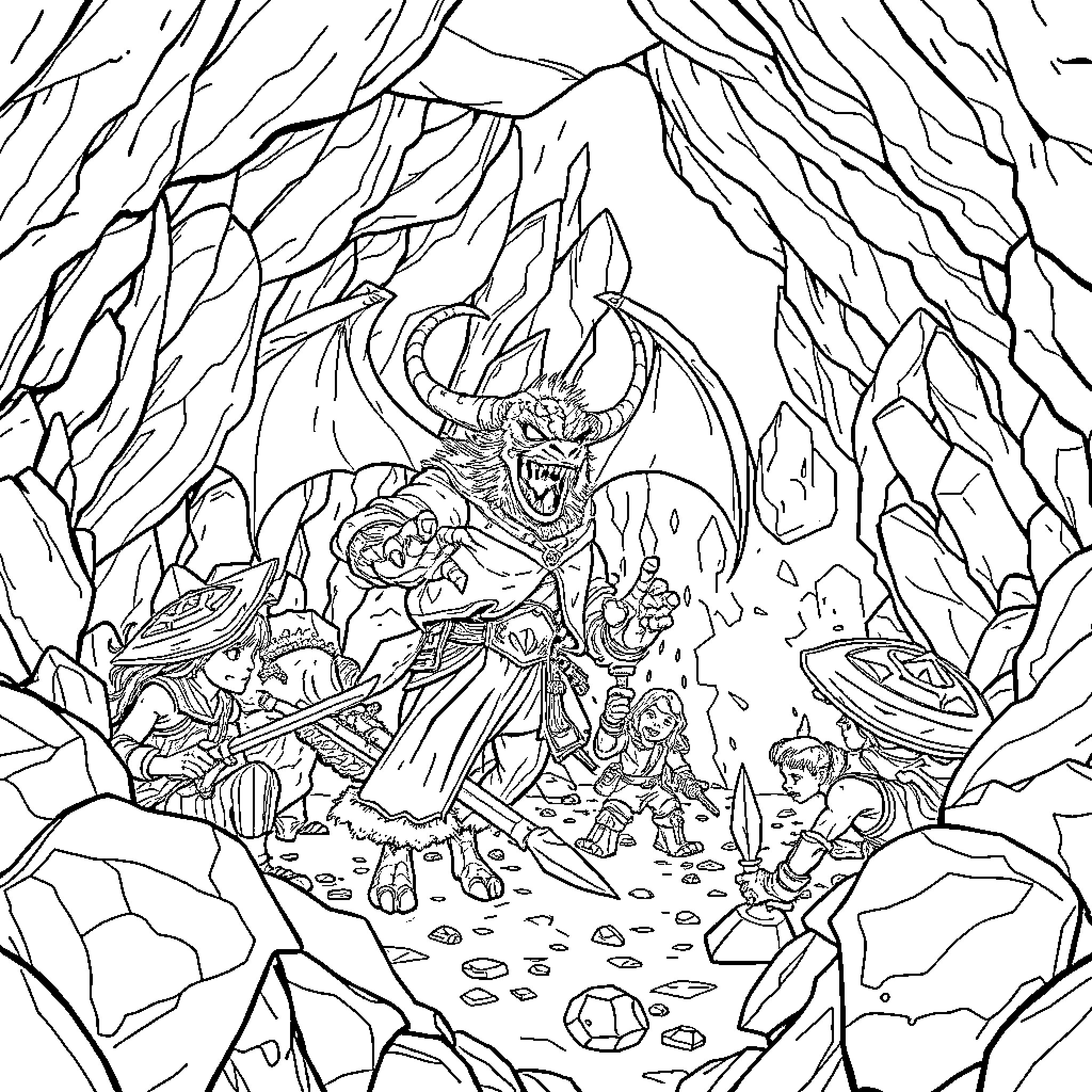 Dungeon Adventure with Mysterious Creatures Coloring Page (free black-and-white line drawing printable PDF for all, from beginners to advanced learners, including children, teens, adults, and seniors)