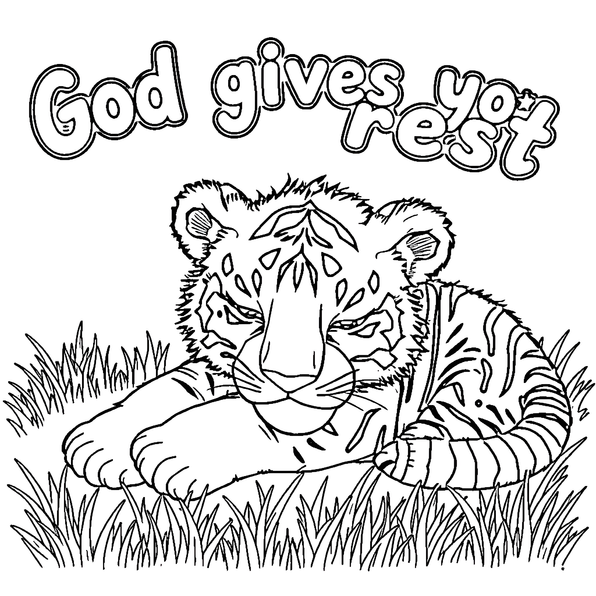 Tiger resting peacefully in the grass Coloring Page (free black-and-white line drawing printable PDF for all, from beginners to advanced learners, including children, teens, adults, and seniors)