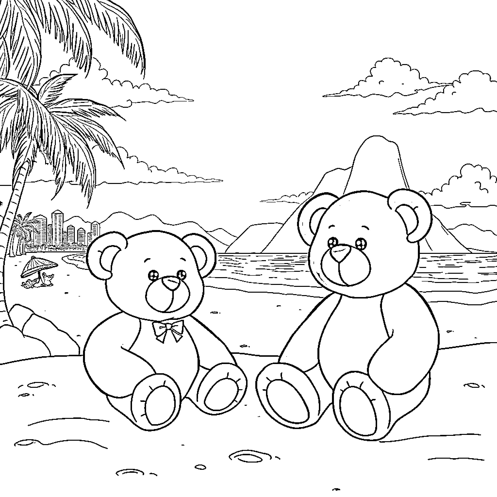Teddy Bears Enjoying the Beach Scenery Coloring Page (free black-and-white line drawing printable PDF for all, from beginners to advanced learners, including children, teens, adults, and seniors)