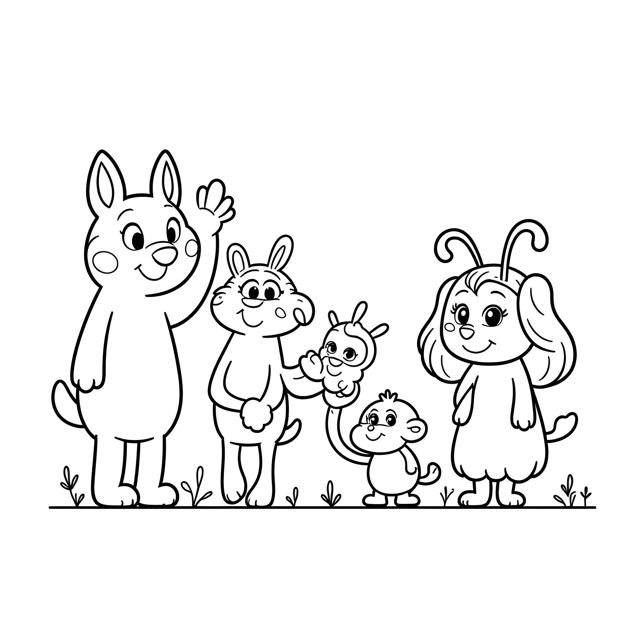 Dandy animal friends posing cheerfully Coloring Page (free black-and-white line drawing printable PDF for all, from beginners to advanced learners, including children, teens, adults, and seniors)