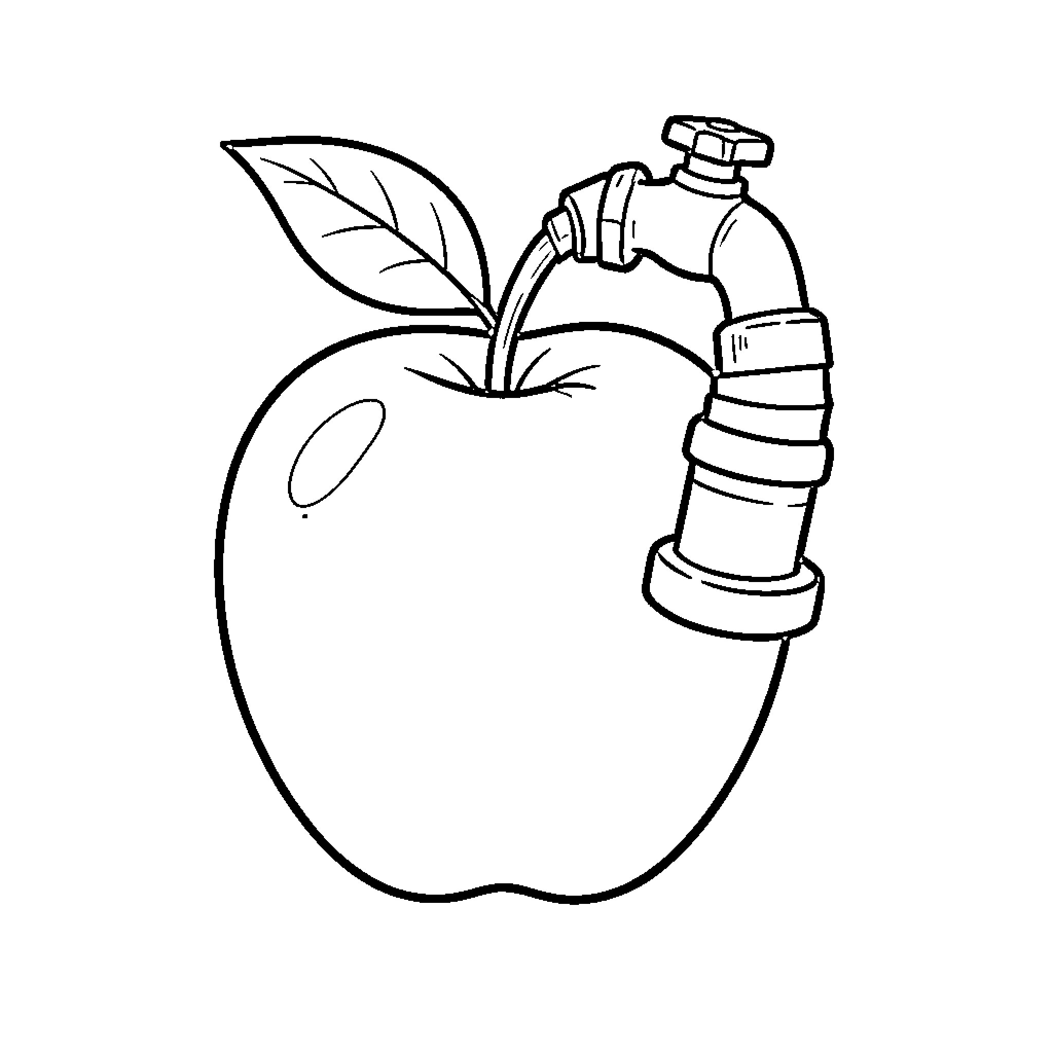 Apple being filled by a water tap faucet Coloring Page (free black-and-white line drawing printable PDF for all, from beginners to advanced learners, including children, teens, adults, and seniors)