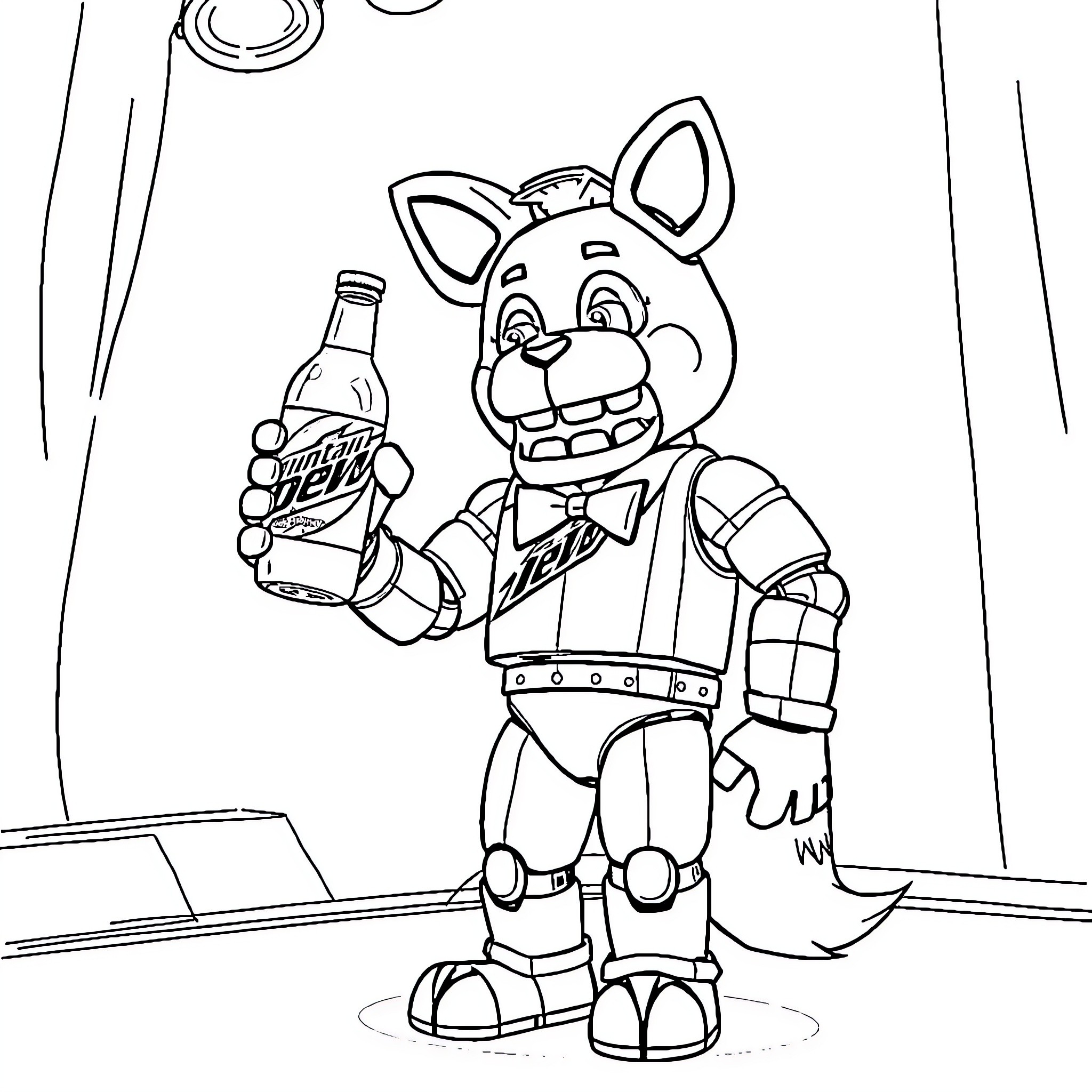 Foxy robot character holding a soda bottle Coloring Page (free black-and-white line drawing printable PDF for all, from beginners to advanced learners, including children, teens, adults, and seniors)