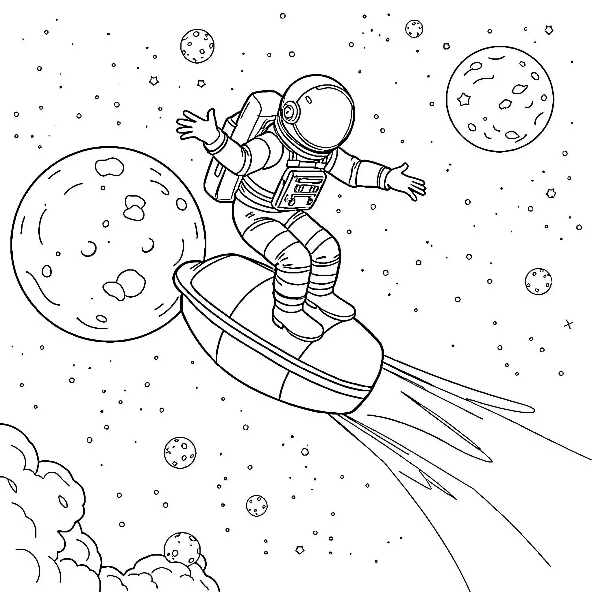 Astronaut surfing through the cosmic void Coloring Page (free black-and-white line drawing printable PDF for all, from beginners to advanced learners, including children, teens, adults, and seniors)