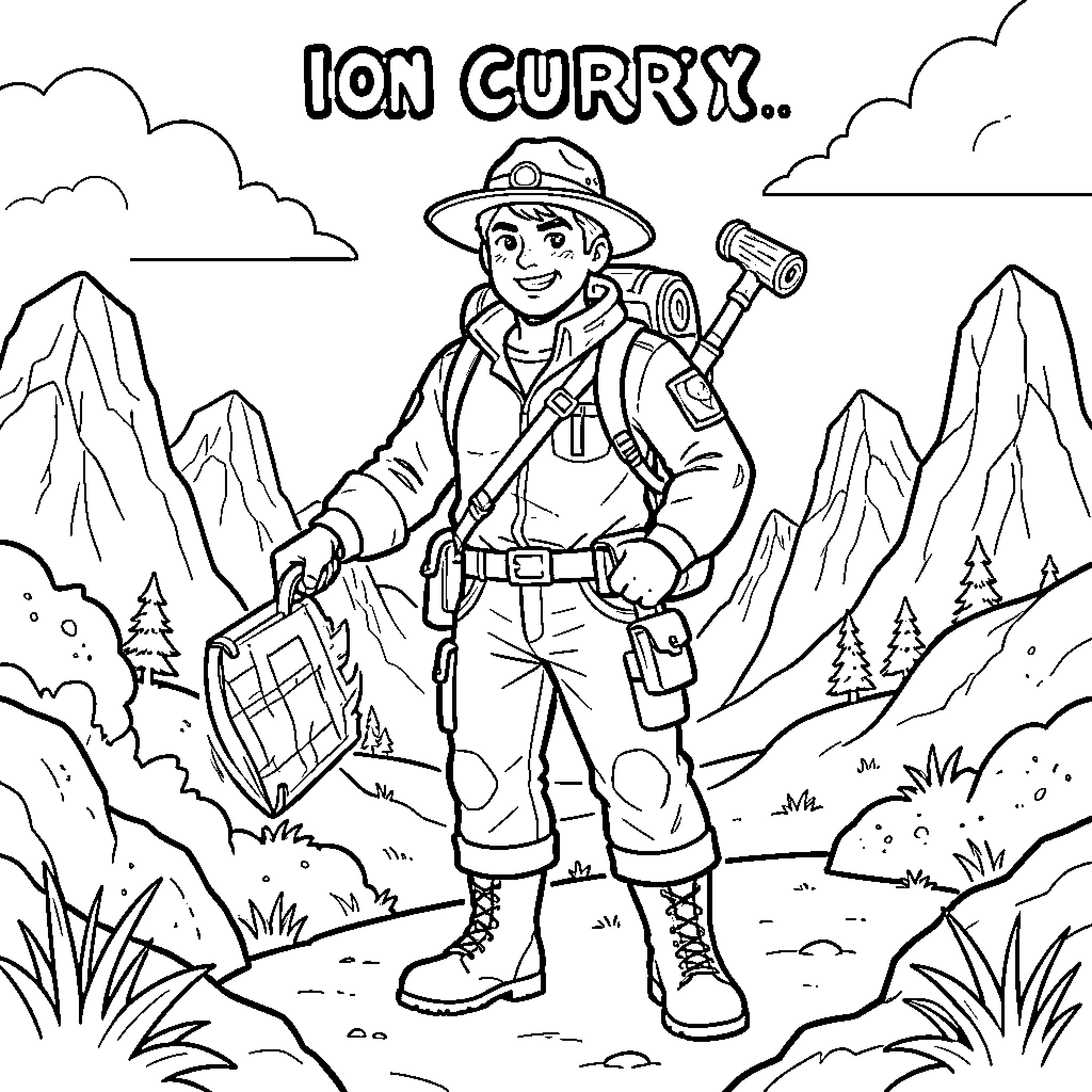 Ion hiking through a mountainous landscape with gear Coloring Page (free black-and-white line drawing printable PDF for all, from beginners to advanced learners, including children, teens, adults, and seniors)