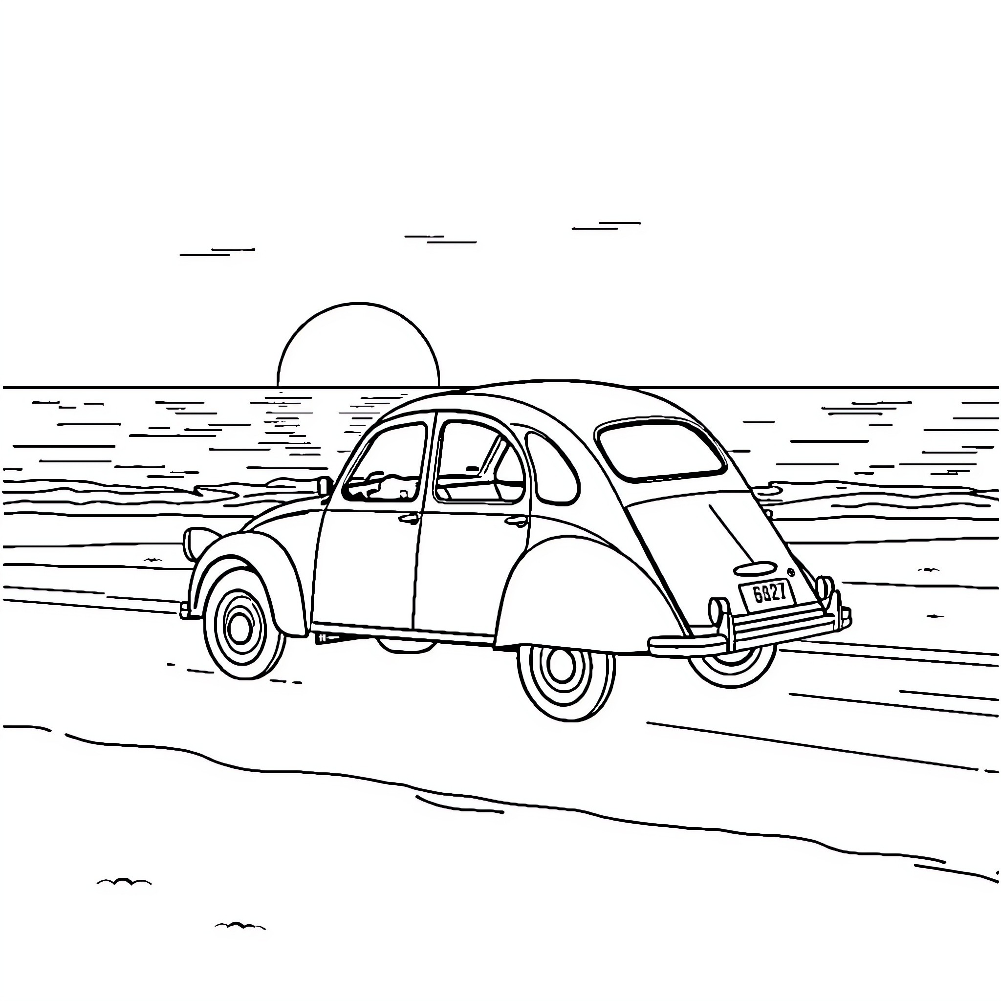 Citroen 2CV driving on a coastal road at sunset Coloring Page (free black-and-white line drawing printable PDF for all, from beginners to advanced learners, including children, teens, adults, and seniors)