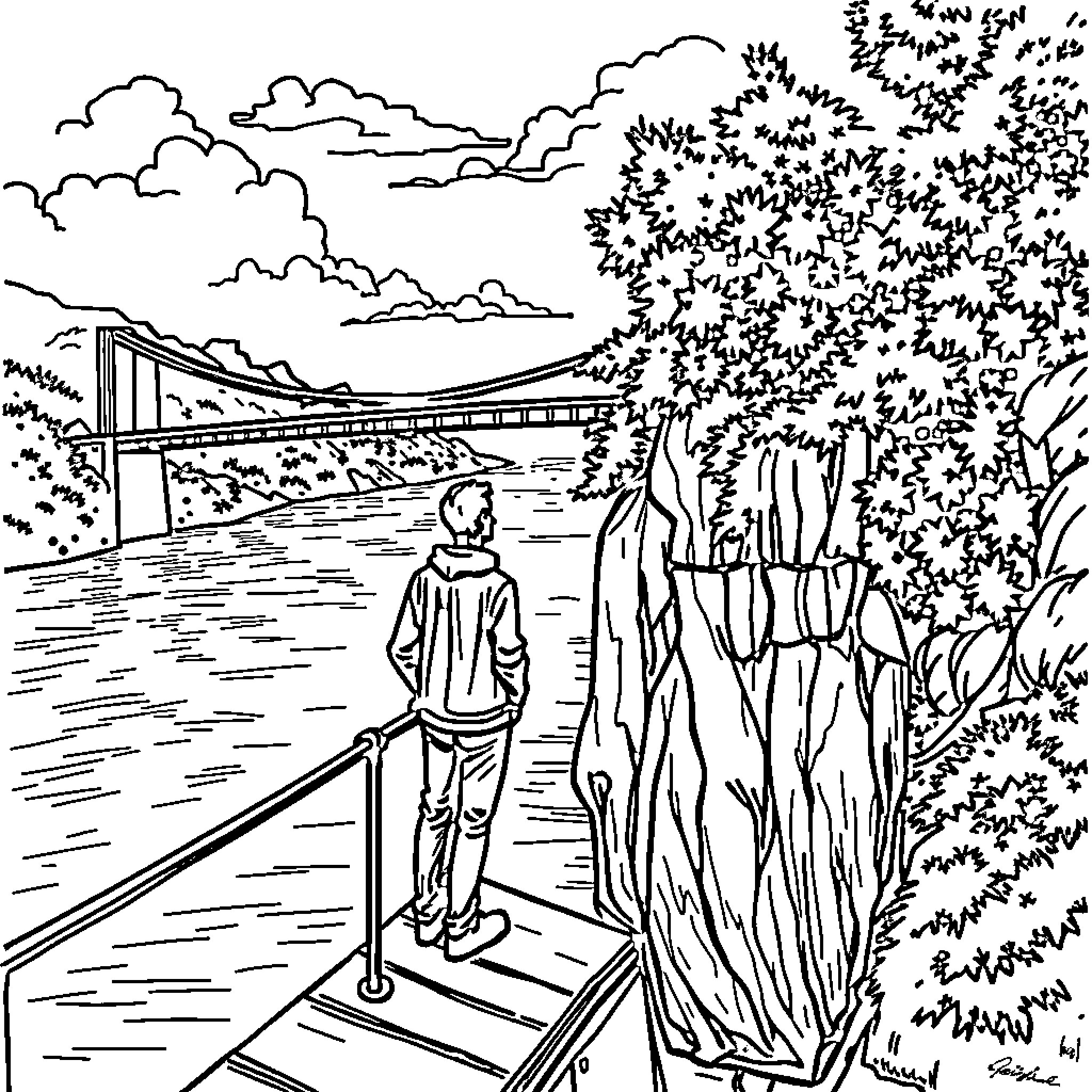 Man gazing at the scenic landscape with a bridge Coloring Page (free black-and-white line drawing printable PDF for all, from beginners to advanced learners, including children, teens, adults, and seniors)
