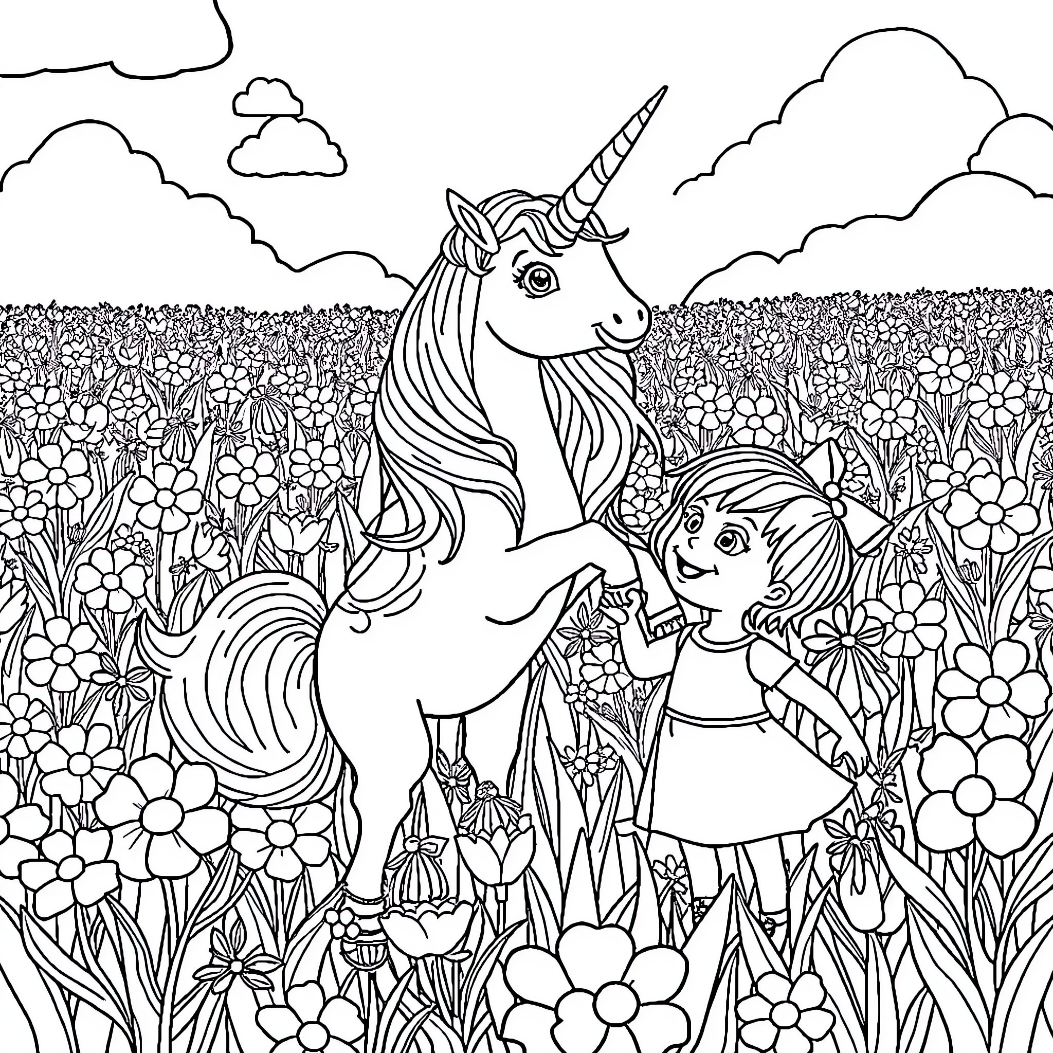 Unicorn and girl exploring a magical meadow Coloring Page (free black-and-white line drawing printable PDF for all, from beginners to advanced learners, including children, teens, adults, and seniors)
