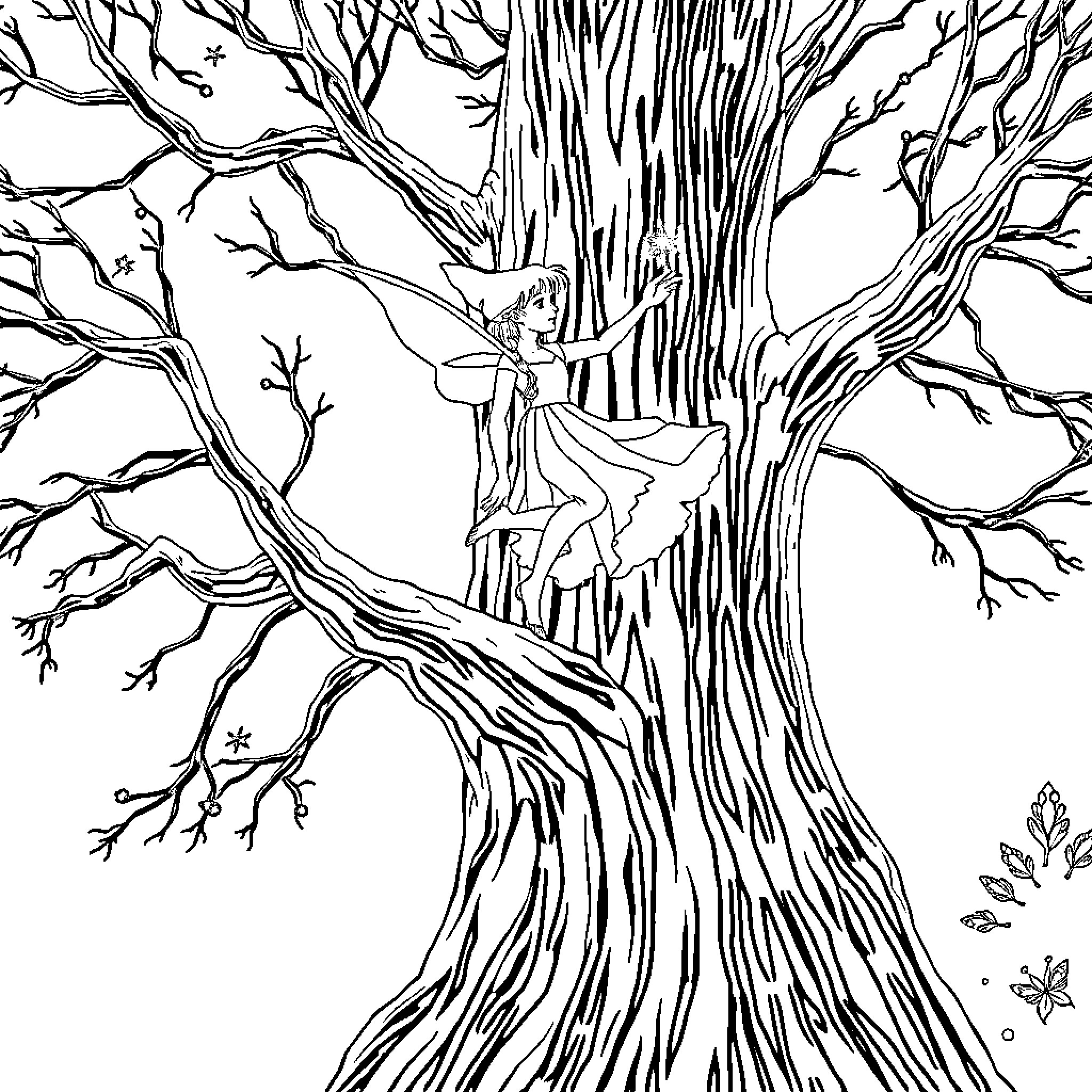 Elf dancing among the twisted branches Coloring Page (free black-and-white line drawing printable PDF for all, from beginners to advanced learners, including children, teens, adults, and seniors)