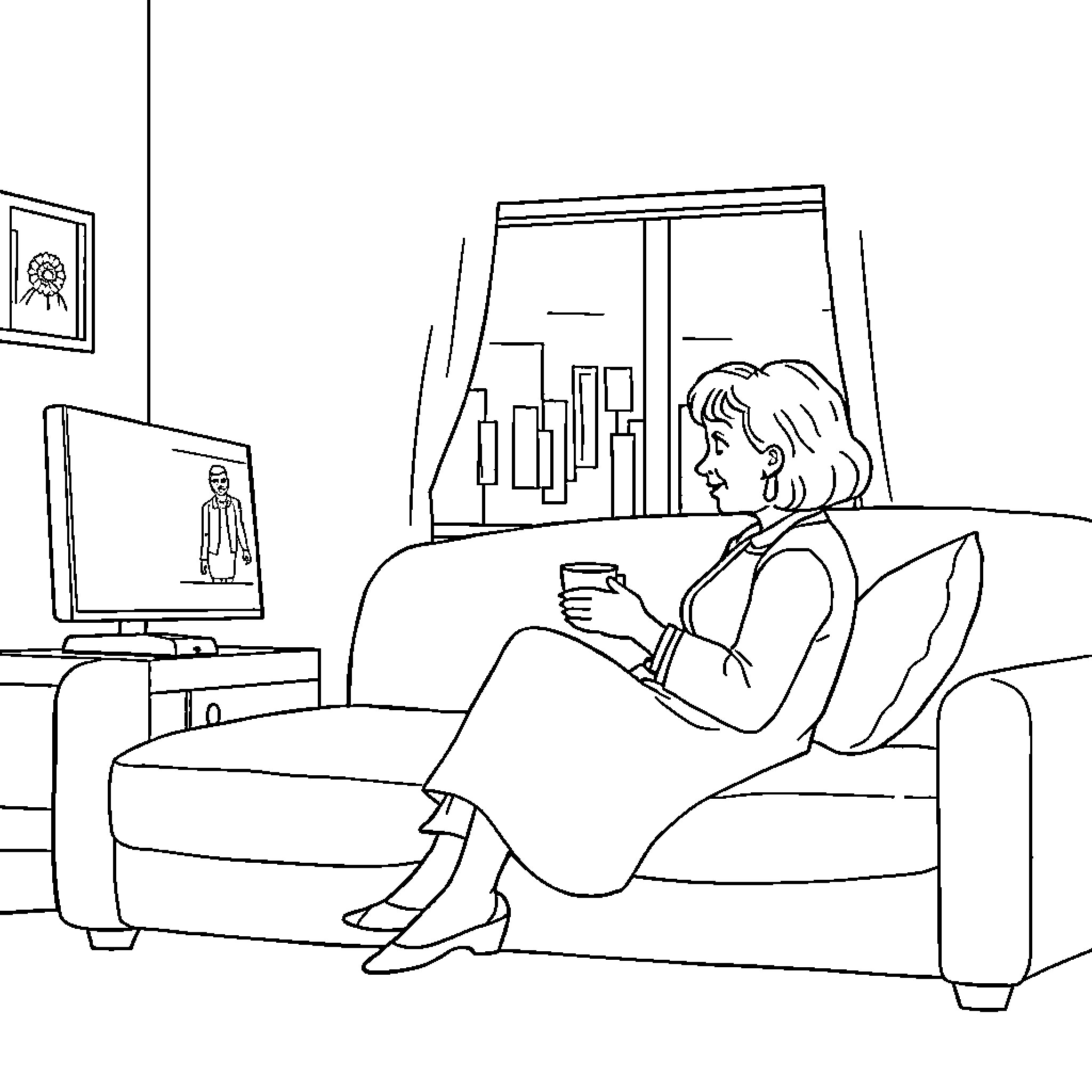 Mom relaxing on the couch with her computer Coloring Page (free black-and-white line drawing printable PDF for all, from beginners to advanced learners, including children, teens, adults, and seniors)
