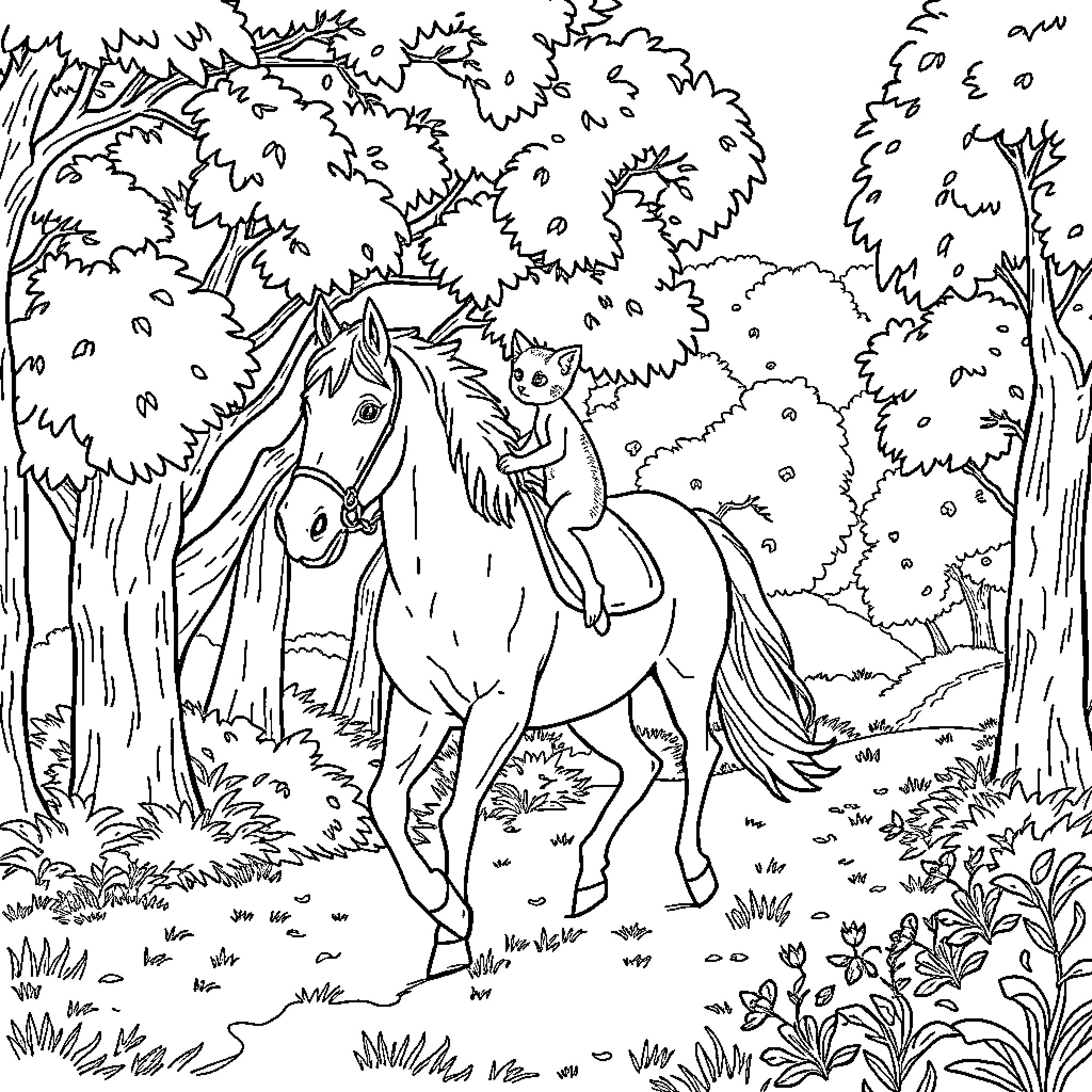Cat exploring the forest on horseback Coloring Page (free black-and-white line drawing printable PDF for all, from beginners to advanced learners, including children, teens, adults, and seniors)