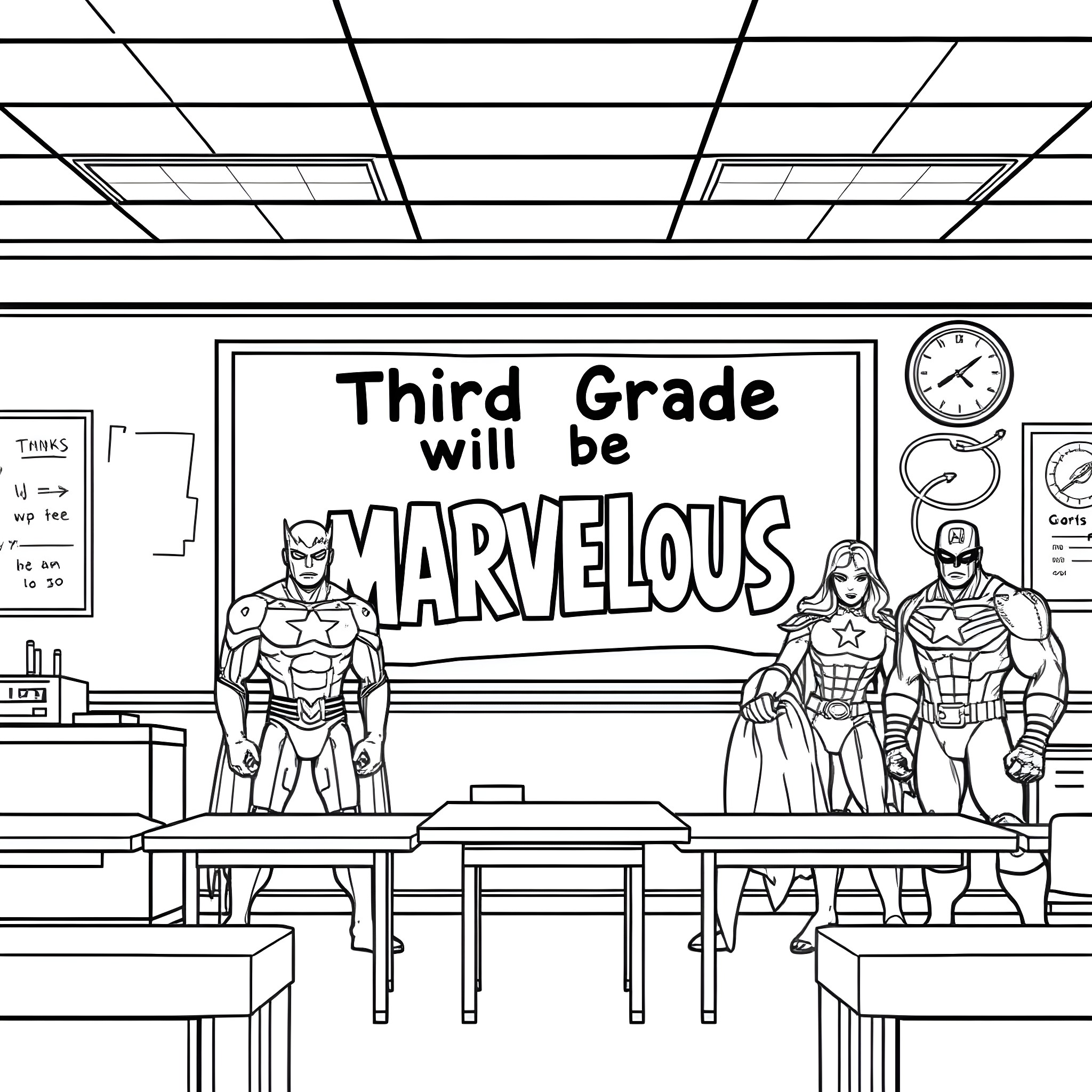 Superhero students in a marvelous third grade classroom Coloring Page (free black-and-white line drawing printable PDF for all, from beginners to advanced learners, including children, teens, adults, and seniors)