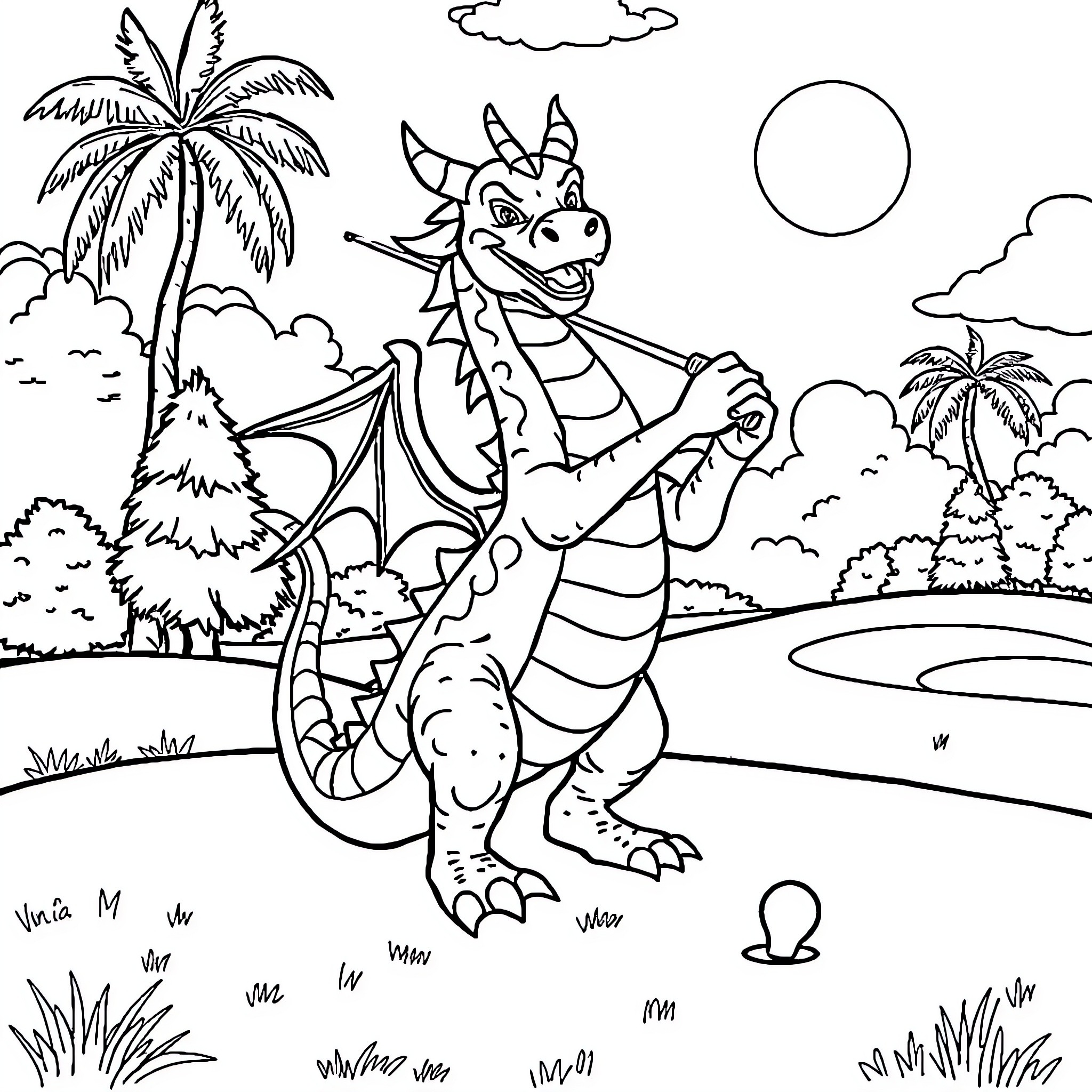Dragon in a tropical landscape Coloring Page (free black-and-white line drawing printable PDF for all, from beginners to advanced learners, including children, teens, adults, and seniors)