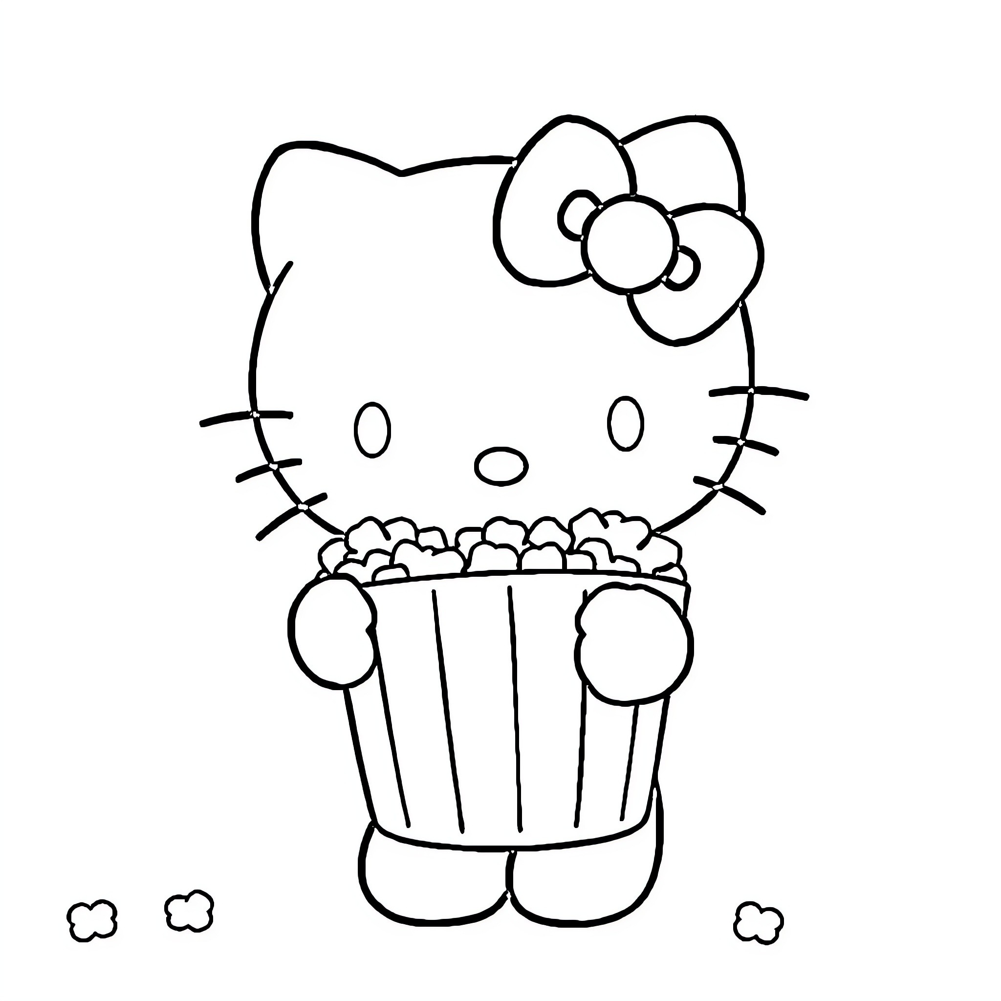 Hello Kitty enjoying popcorn Coloring Page (free black-and-white line drawing printable PDF for all, from beginners to advanced learners, including children, teens, adults, and seniors)