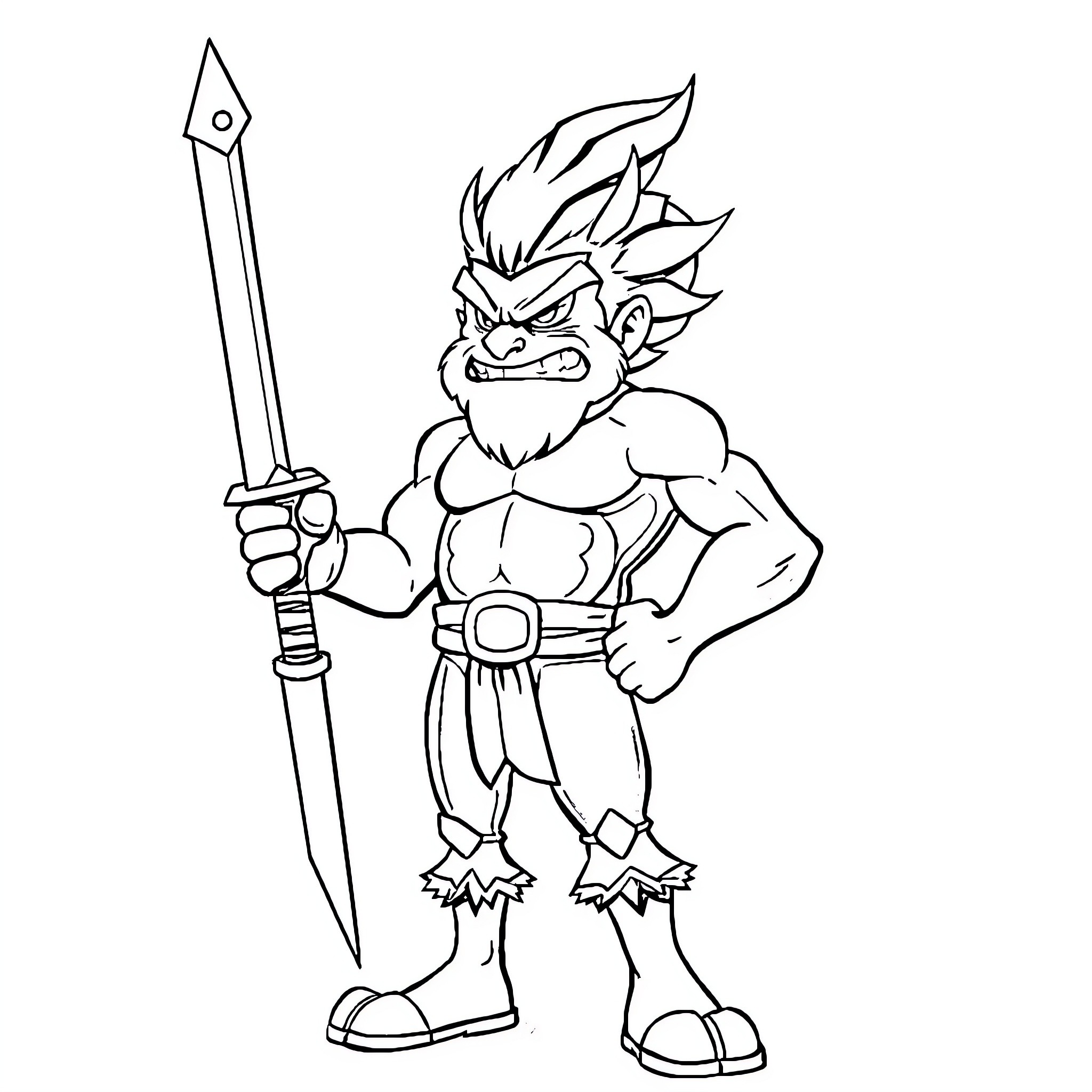 Gingar the Fierce Warrior with Spear Coloring Page (free black-and-white line drawing printable PDF for all, from beginners to advanced learners, including children, teens, adults, and seniors)