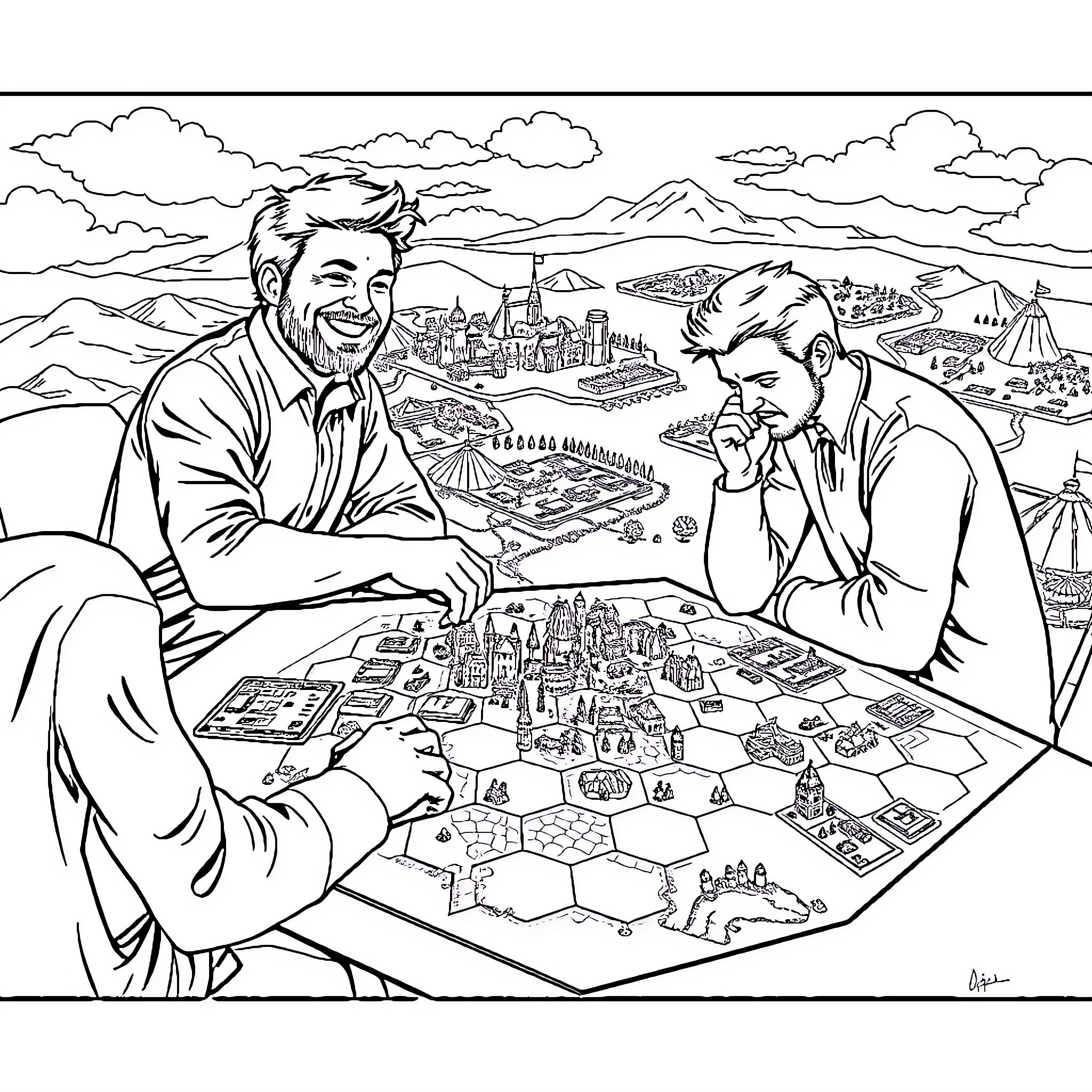 Players strategizing over a detailed fantasy map Coloring Page (free black-and-white line drawing printable PDF for all, from beginners to advanced learners, including children, teens, adults, and seniors)