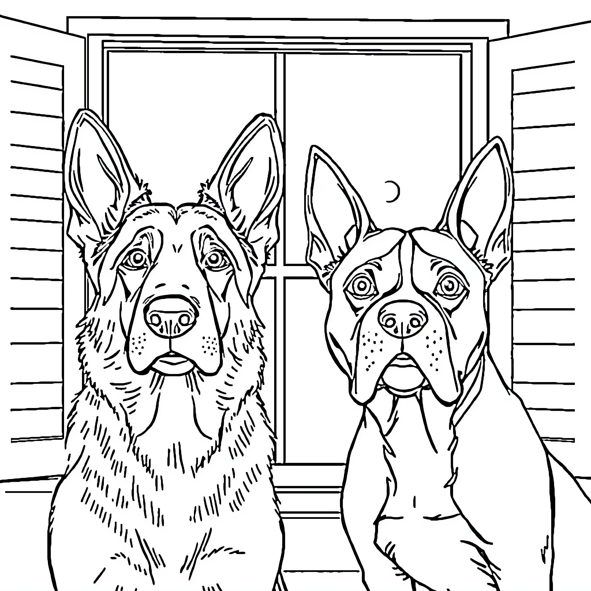 Dog friends looking through window Coloring Page (free black-and-white line drawing printable PDF for all, from beginners to advanced learners, including children, teens, adults, and seniors)