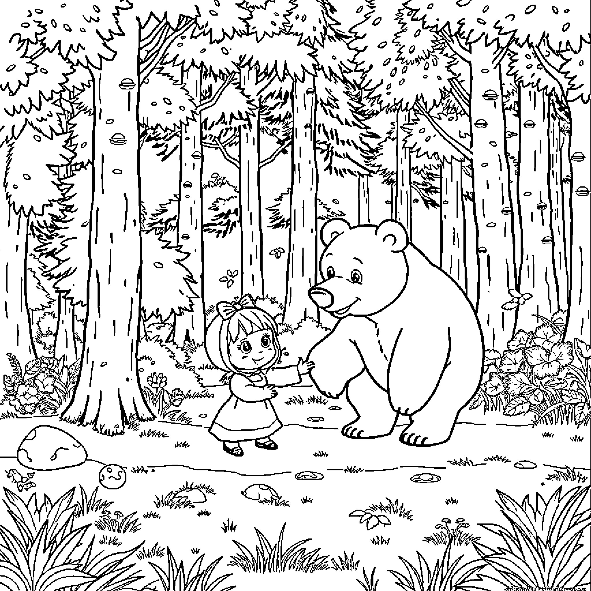 Masha and the Bear in a Snowy Forest Coloring Page (free black-and-white line drawing printable PDF for all, from beginners to advanced learners, including children, teens, adults, and seniors)