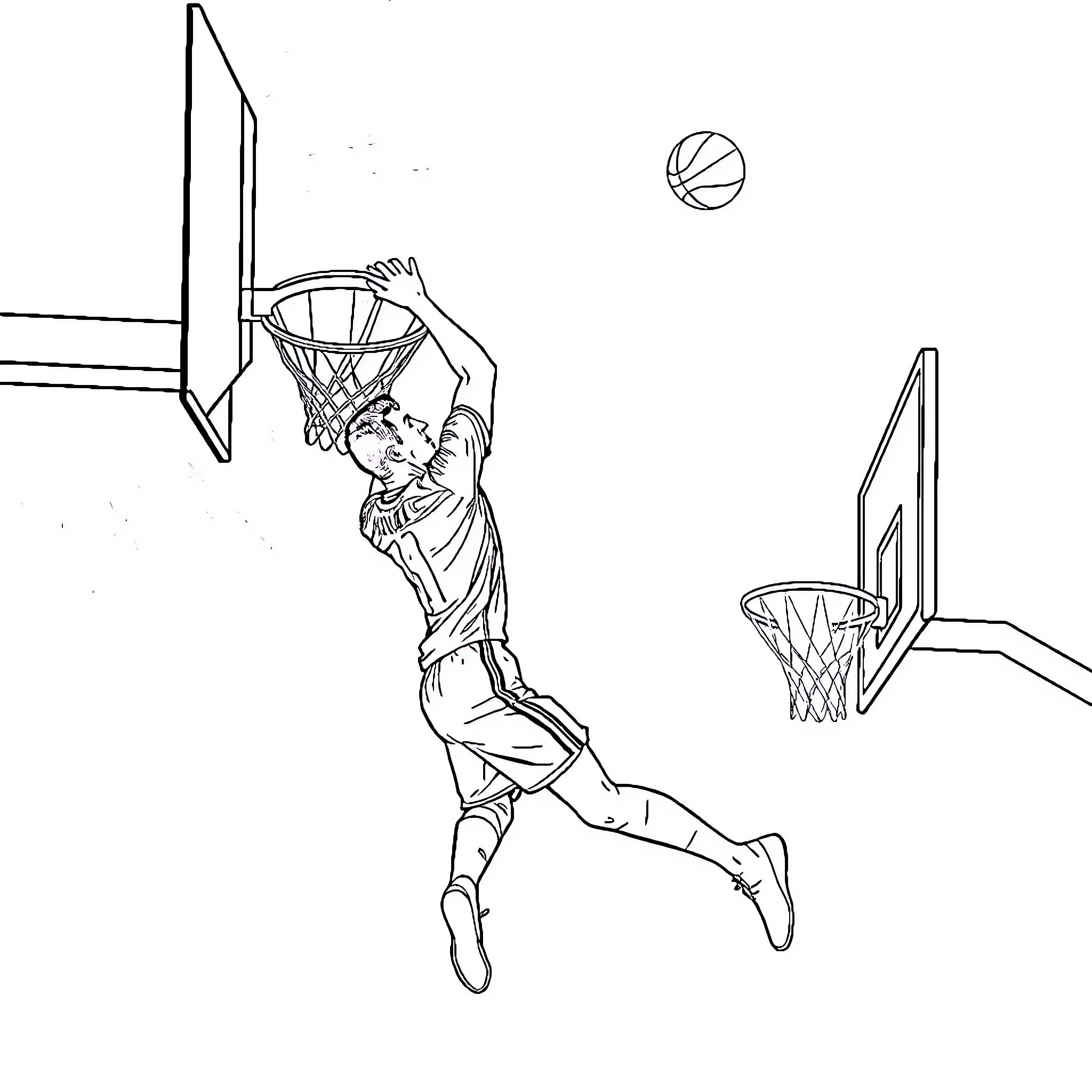 Cristiano Ronaldo scoring a basketball shot Coloring Page (free black-and-white line drawing printable PDF for all, from beginners to advanced learners, including children, teens, adults, and seniors)