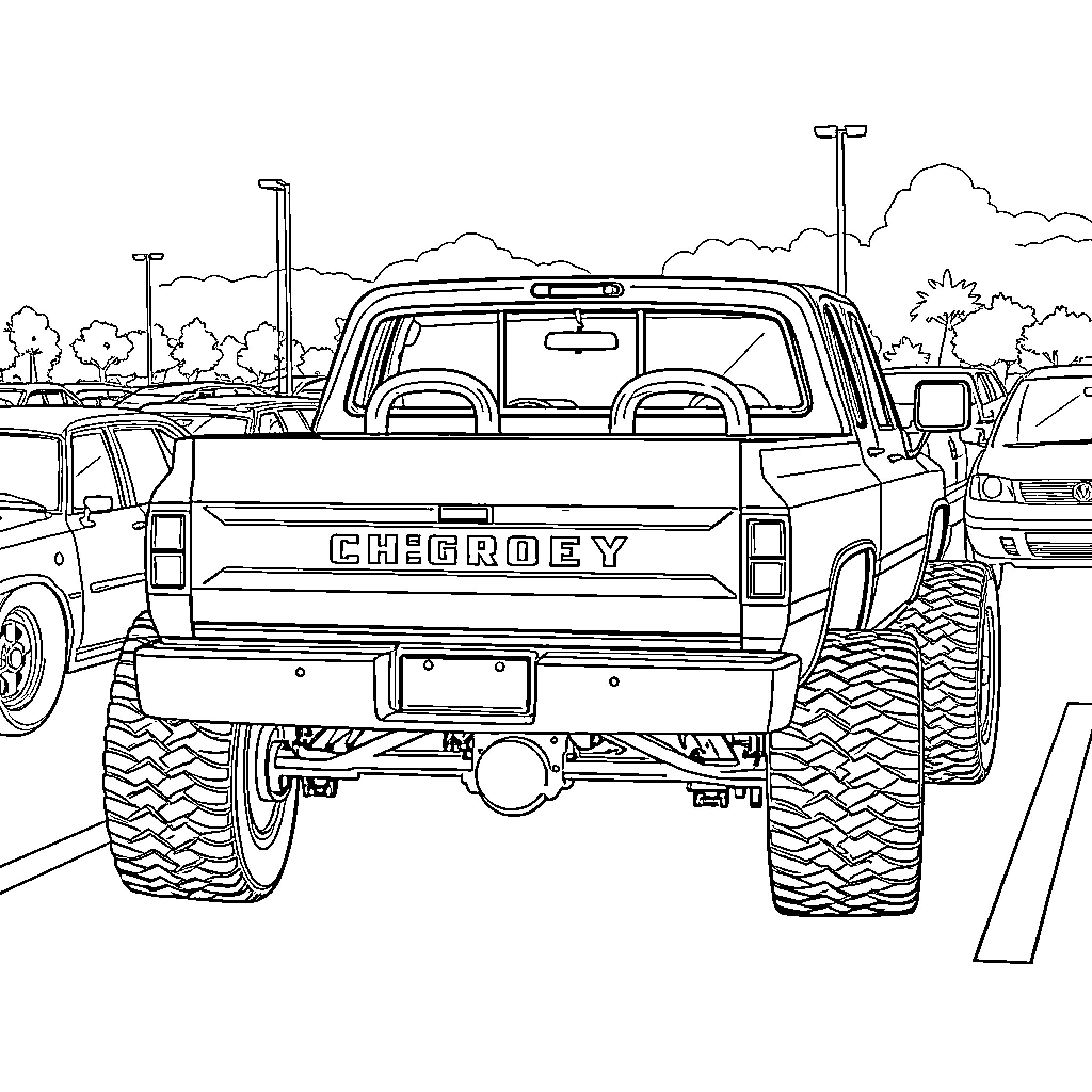 Chevy truck parked in outdoor setting Coloring Page (free black-and-white line drawing printable PDF for all, from beginners to advanced learners, including children, teens, adults, and seniors)
