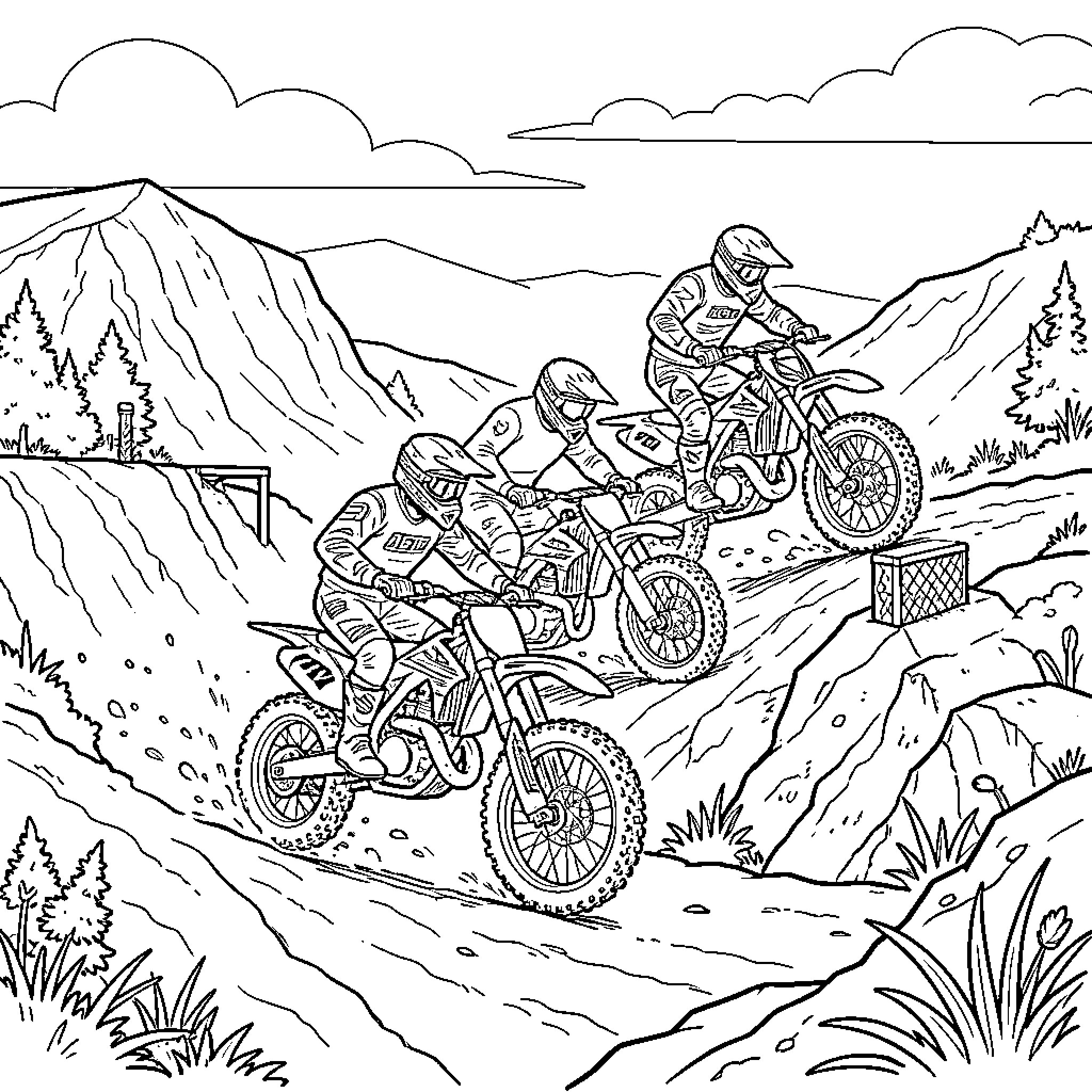 Motocross riders racing down a mountain track Coloring Page (free black-and-white line drawing printable PDF for all, from beginners to advanced learners, including children, teens, adults, and seniors)