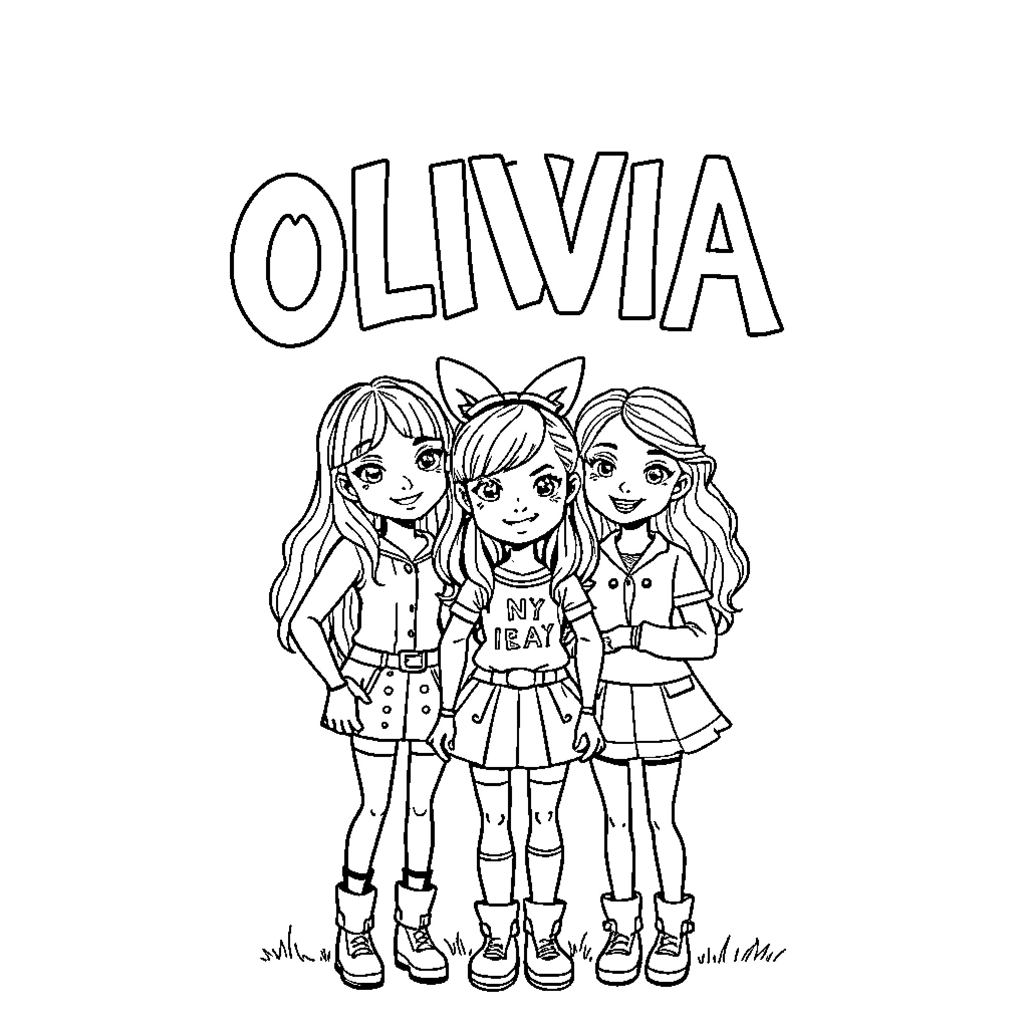 Huntrix Olivia and Her Fashionable Friends Coloring Page (free black-and-white line drawing printable PDF for all, from beginners to advanced learners, including children, teens, adults, and seniors)