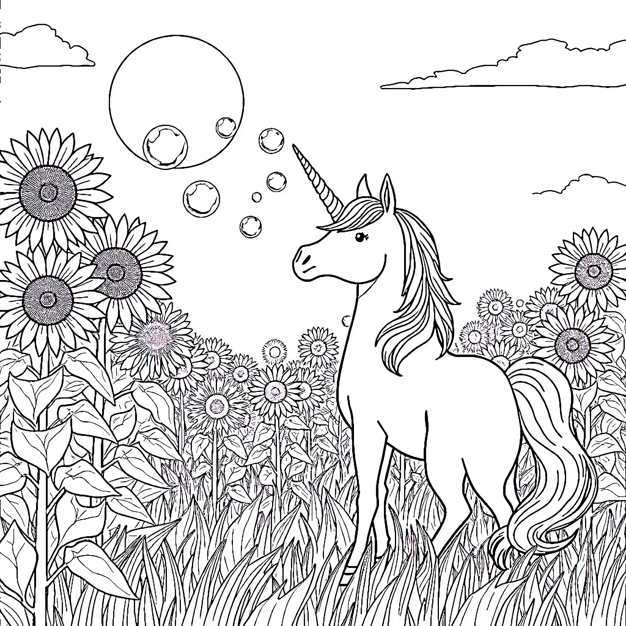 Unicorn standing amidst sunflowers and bubbles Coloring Page (free black-and-white line drawing printable PDF for all, from beginners to advanced learners, including children, teens, adults, and seniors)