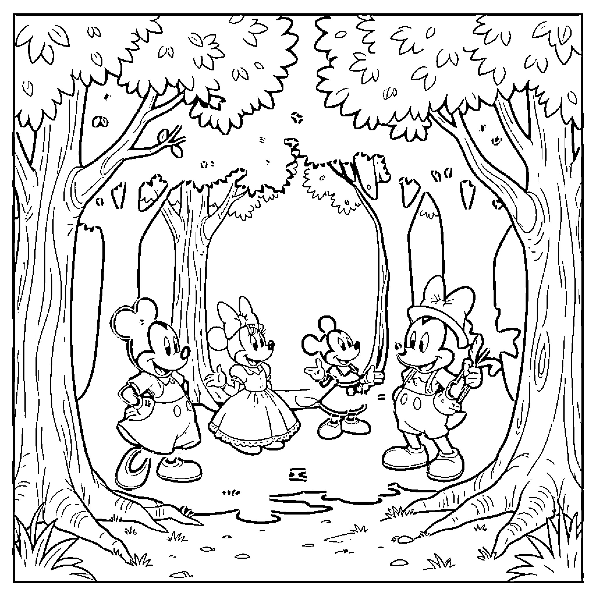 Disney characters in a magical forest Coloring Page (free black-and-white line drawing printable PDF for all, from beginners to advanced learners, including children, teens, adults, and seniors)