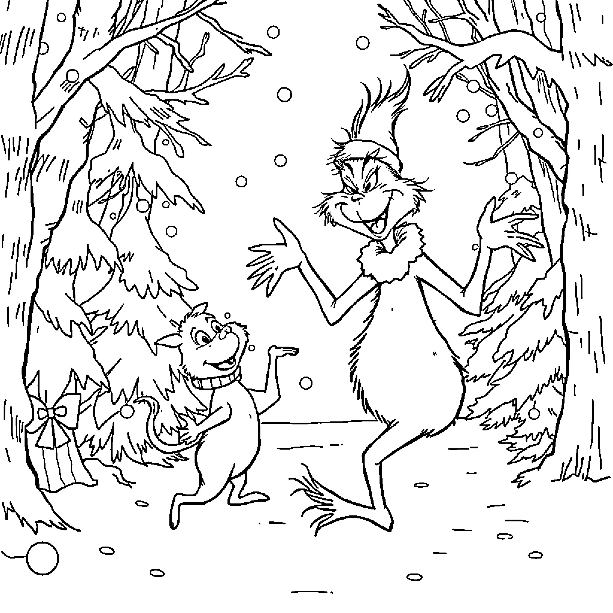 Grinch and Max playing in the snowy forest Coloring Page (free black-and-white line drawing printable PDF for all, from beginners to advanced learners, including children, teens, adults, and seniors)