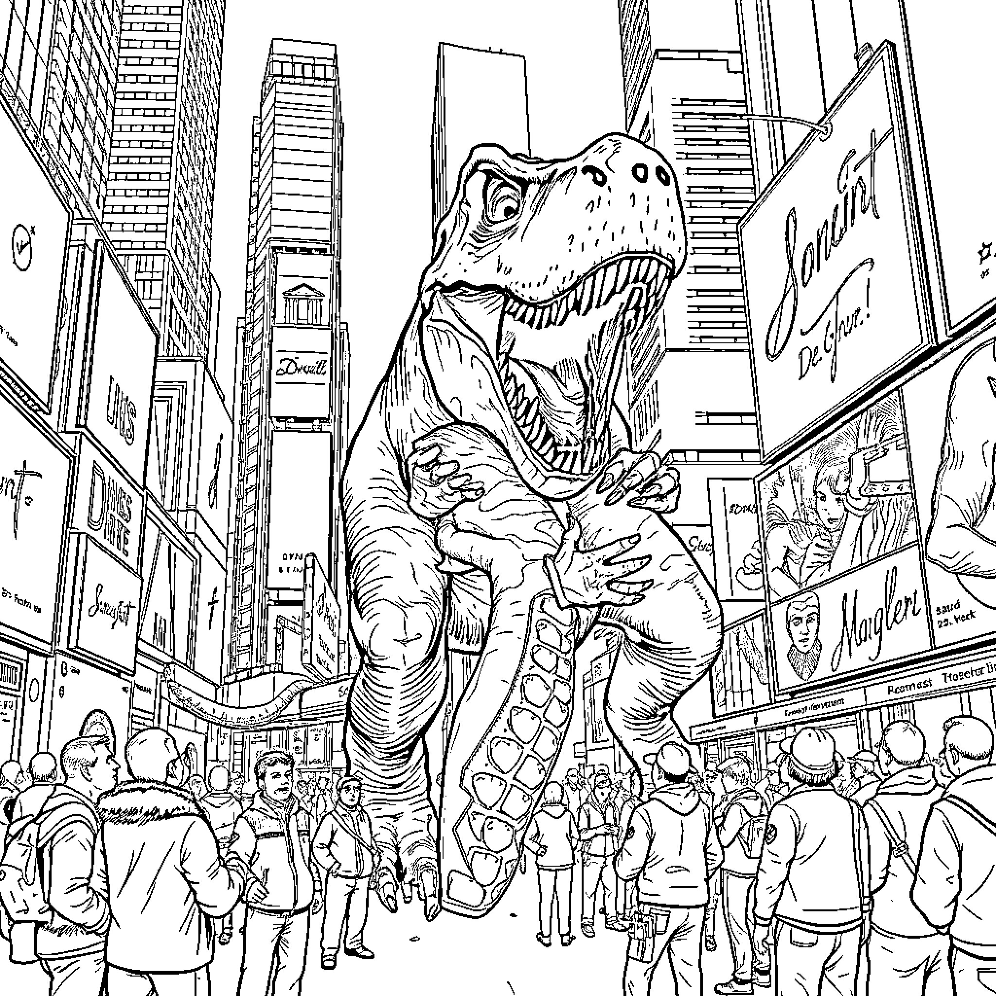 T-Rex Stalks the City Streets Amid Crowds Coloring Page (free black-and-white line drawing printable PDF for all, from beginners to advanced learners, including children, teens, adults, and seniors)